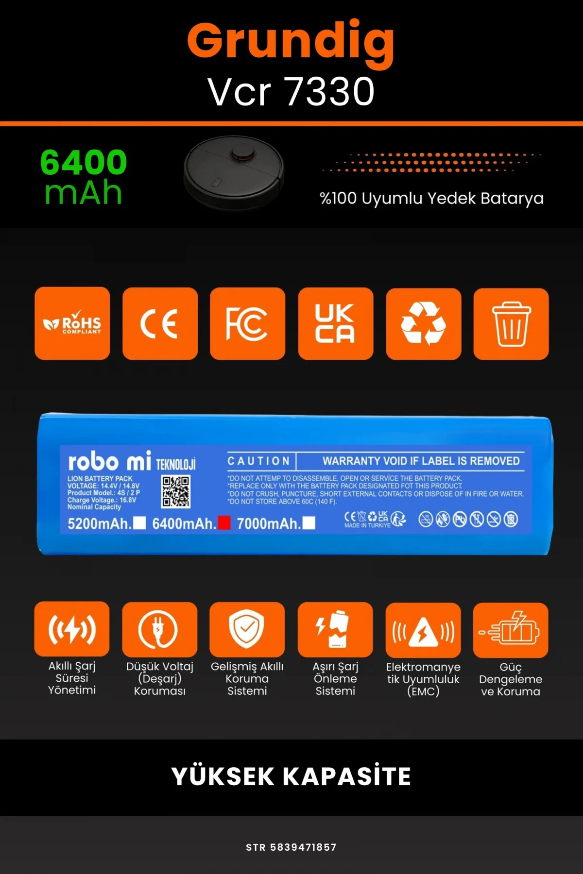 Grundig Vcr 7330 6400mAh Robot Süpürge Bataryası - Gerçek Kapasite, Maksimum Güvenlik