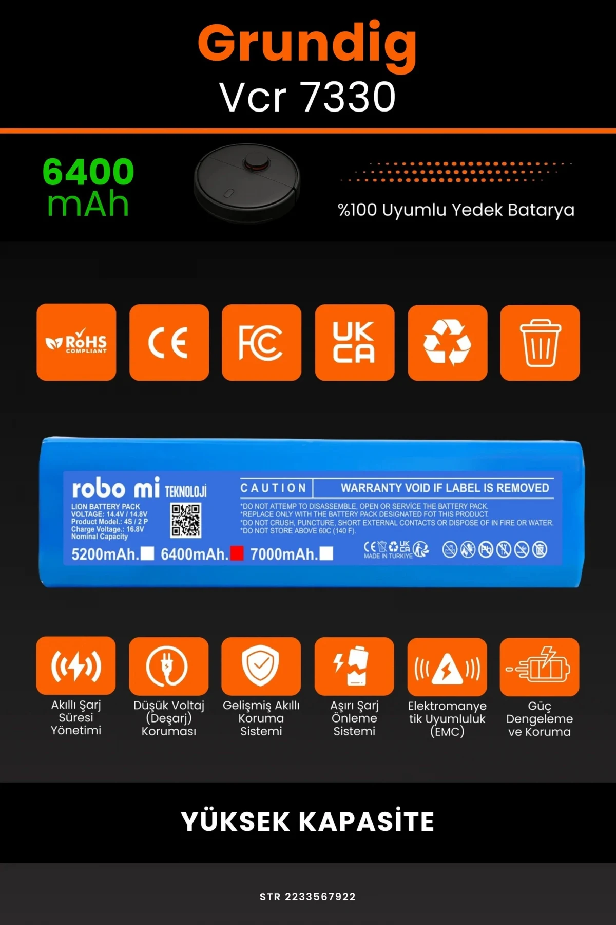 Grundig Vcr 7330 6400mAh Robot Süpürge Bataryası - Gerçek Kapasite, Maksimum Güvenlik