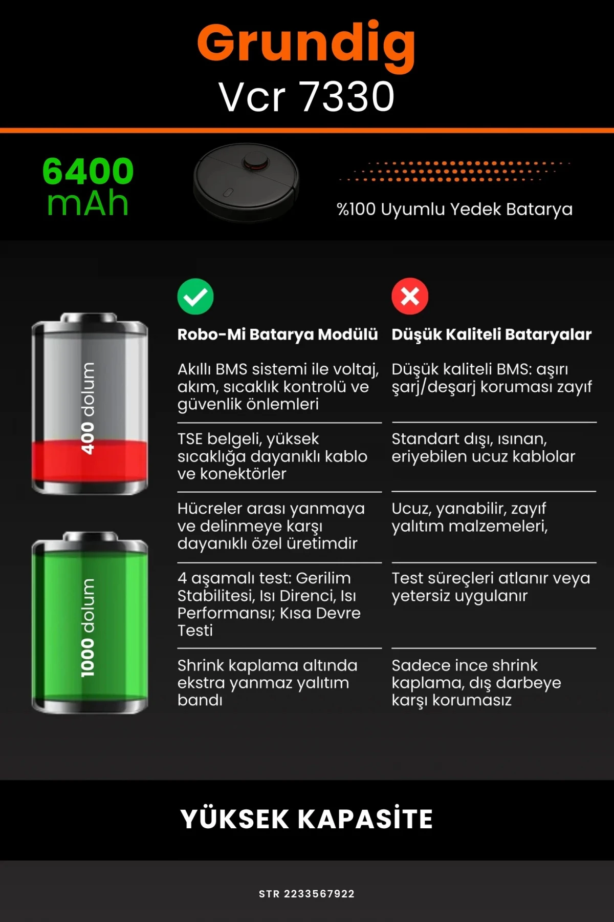 Grundig Vcr 7330 6400mAh Robot Süpürge Bataryası - Gerçek Kapasite, Maksimum Güvenlik