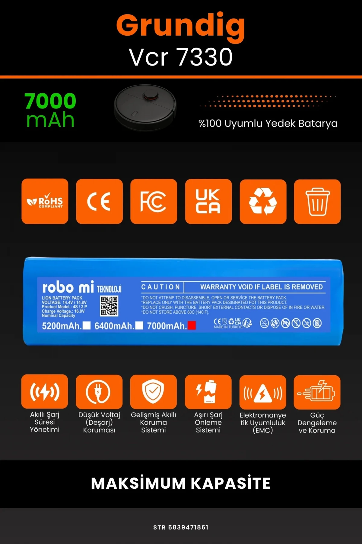 Grundig Vcr 7330 7000mAh Robot Süpürge Bataryası - Gerçek Kapasite, Maksimum Güvenlik