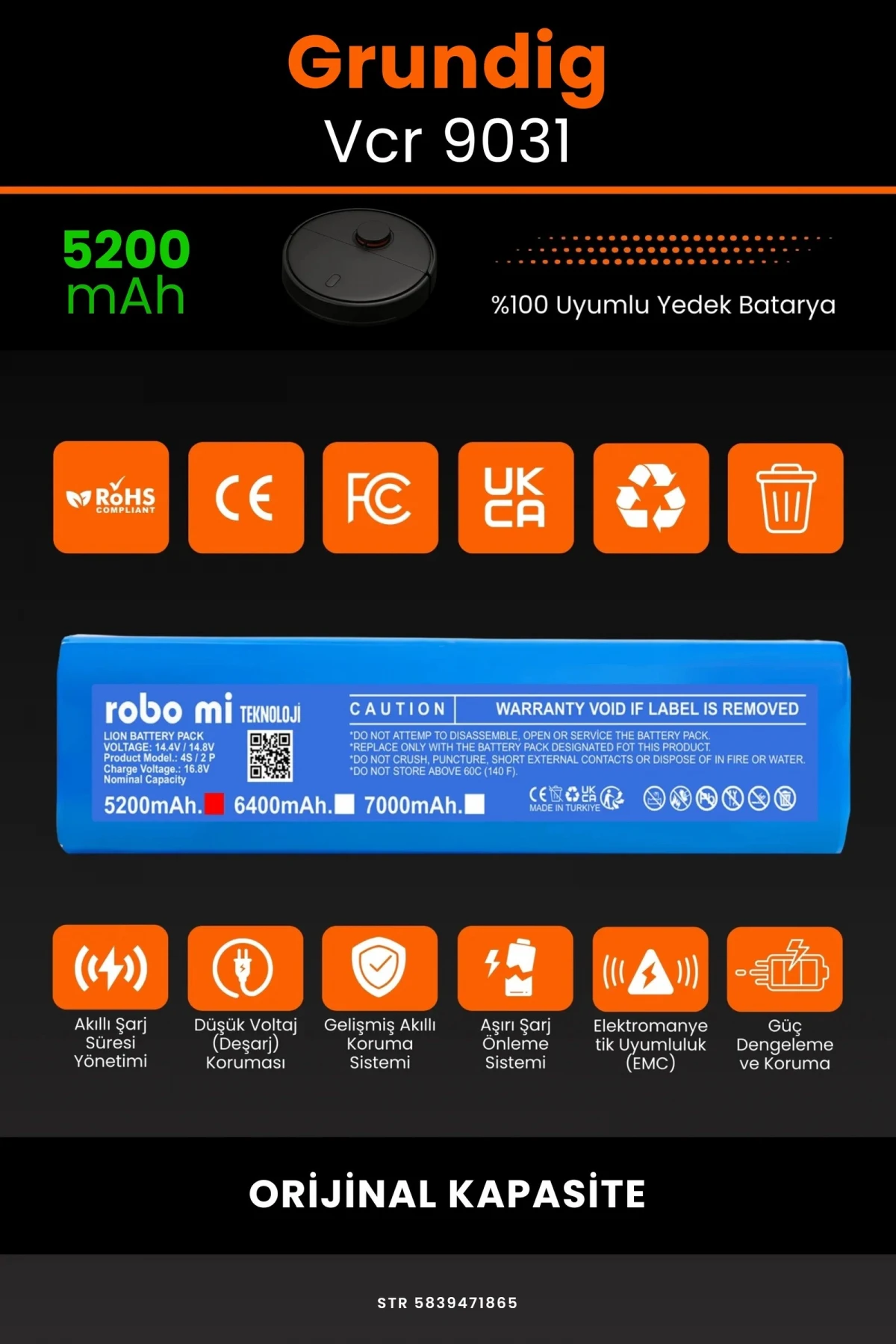 Grundig Vcr 9031 5200mAh Robot Süpürge Bataryası - Gerçek Kapasite, Maksimum Güvenlik