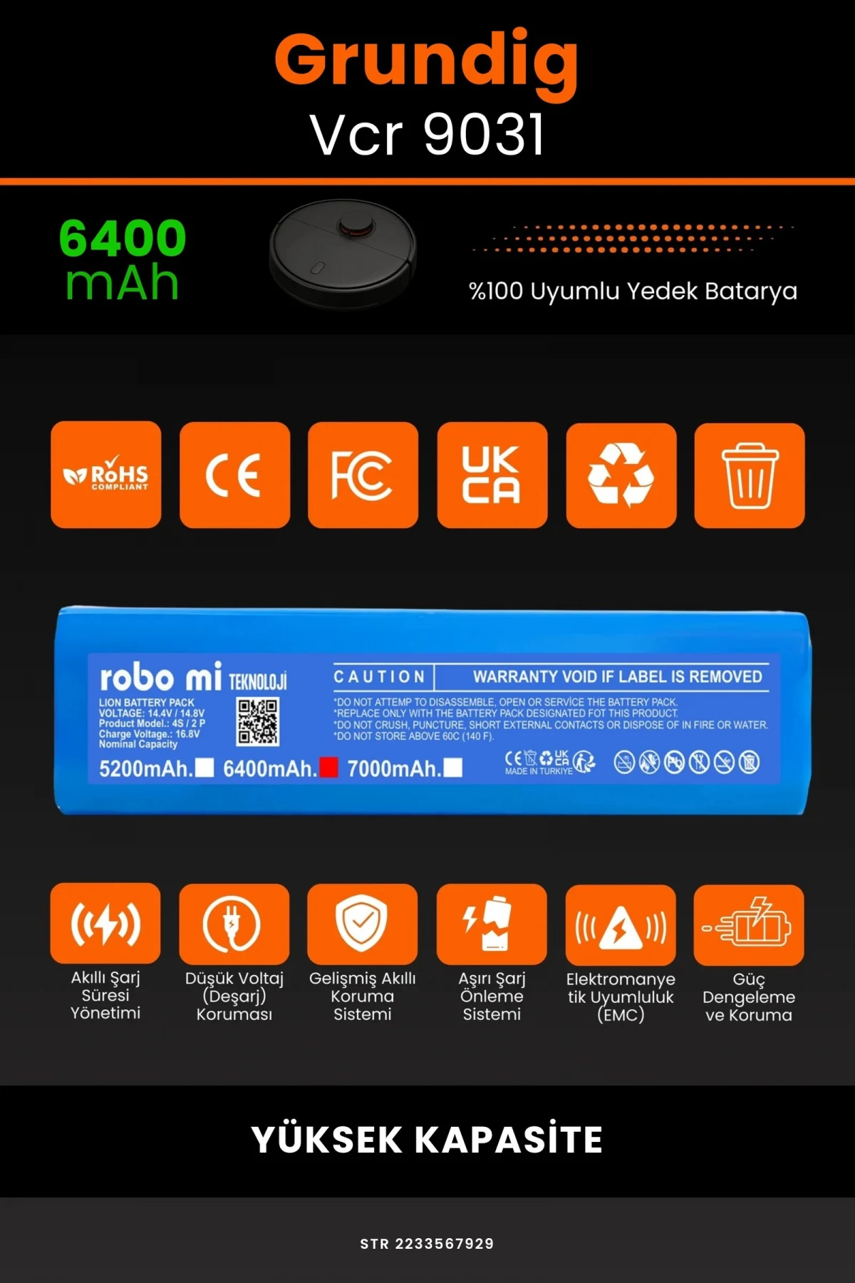 Grundig Vcr 9031 6400mAh Robot Süpürge Bataryası - Gerçek Kapasite, Maksimum Güvenlik