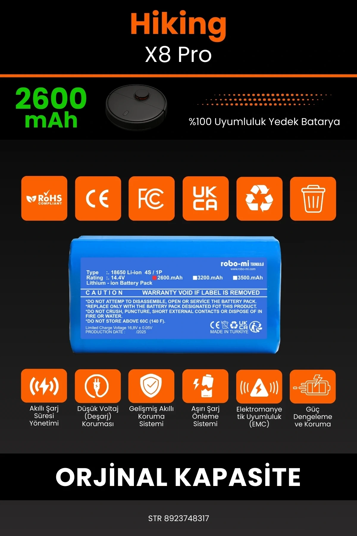 Hiking X8 Pro 2600mAh Robot Süpürge Bataryası - Gerçek Kapasite, Maksimum Güvenlik