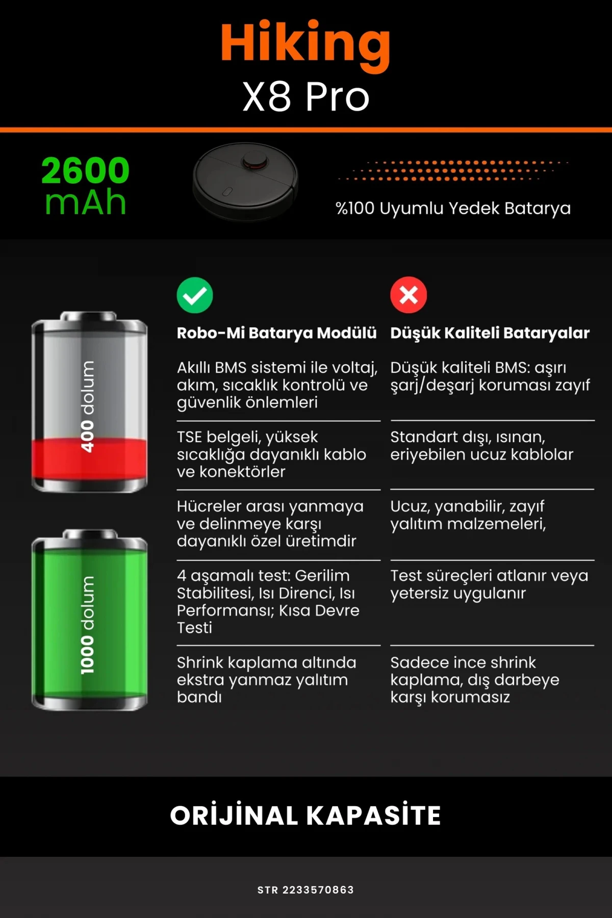 Hiking X8 Pro 2600mAh Robot Süpürge Bataryası - Koruma Katmanlı Batarya Teknolojisi