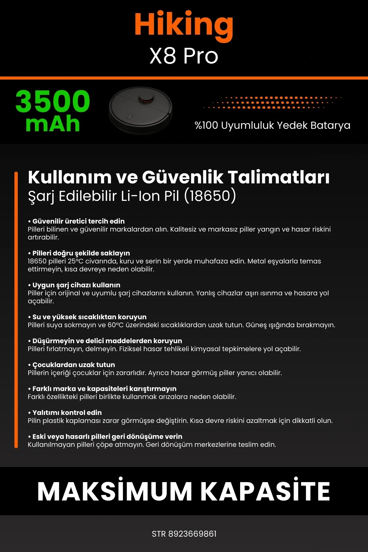 Hiking X8 Pro 3500mAh Robot Süpürge Bataryası - Sertifikalı Güvenlik, Gerçek Kapasite