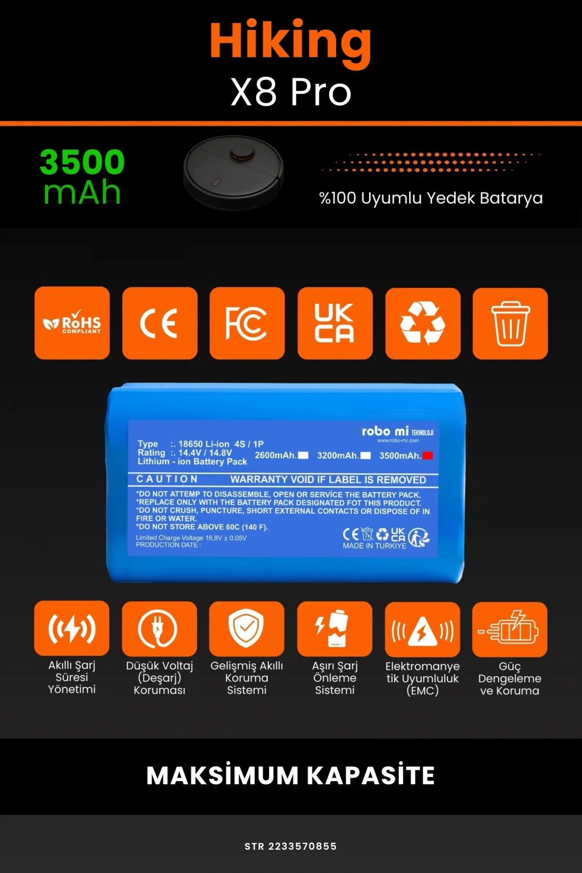 Hiking X8 Pro 3500mAh Robot Süpürge Bataryası - Yüksek Yoğunluklu Li-ion Hücre