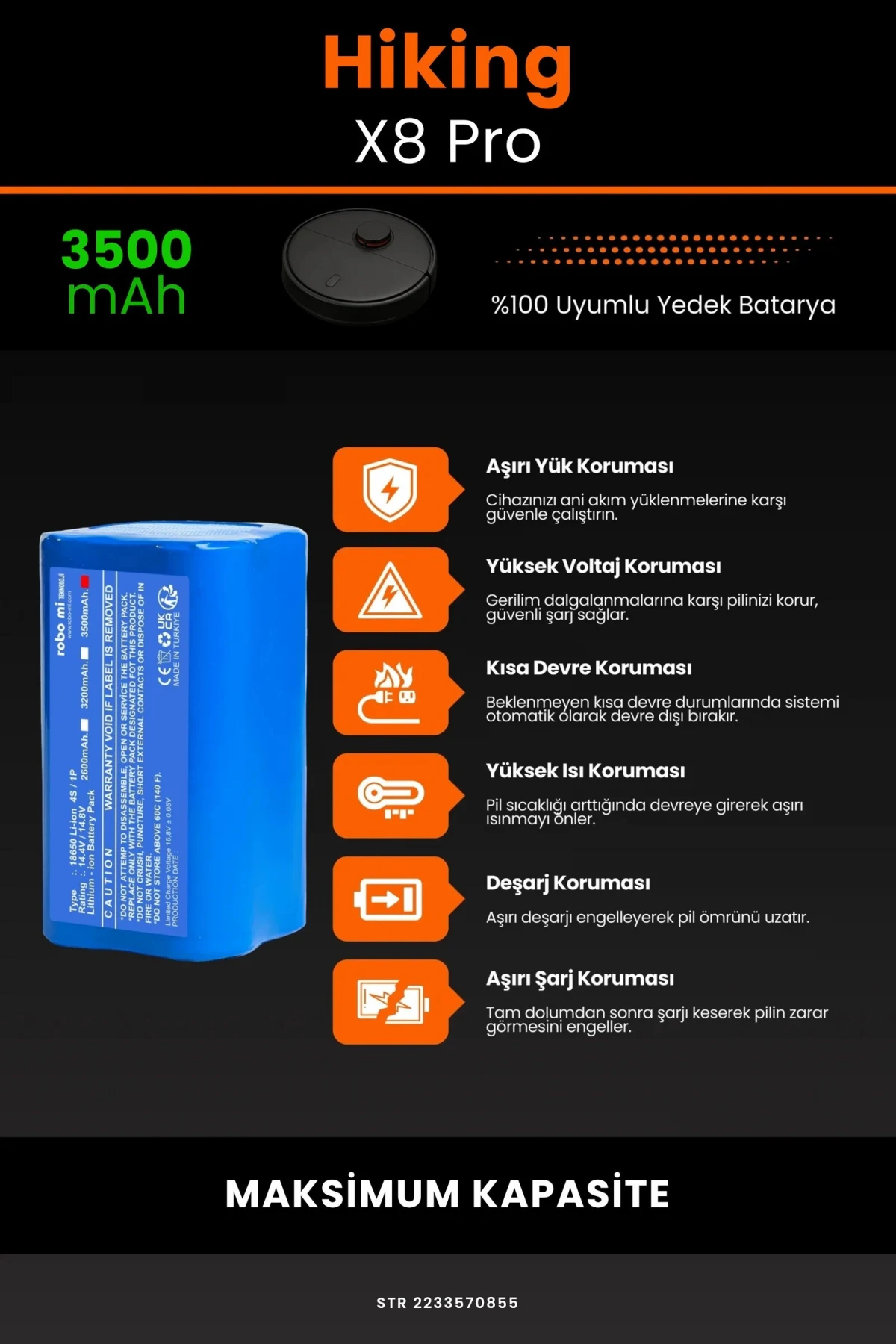 Hiking X8 Pro 3500mAh Robot Süpürge Bataryası - Yüksek Yoğunluklu Li-ion Hücre