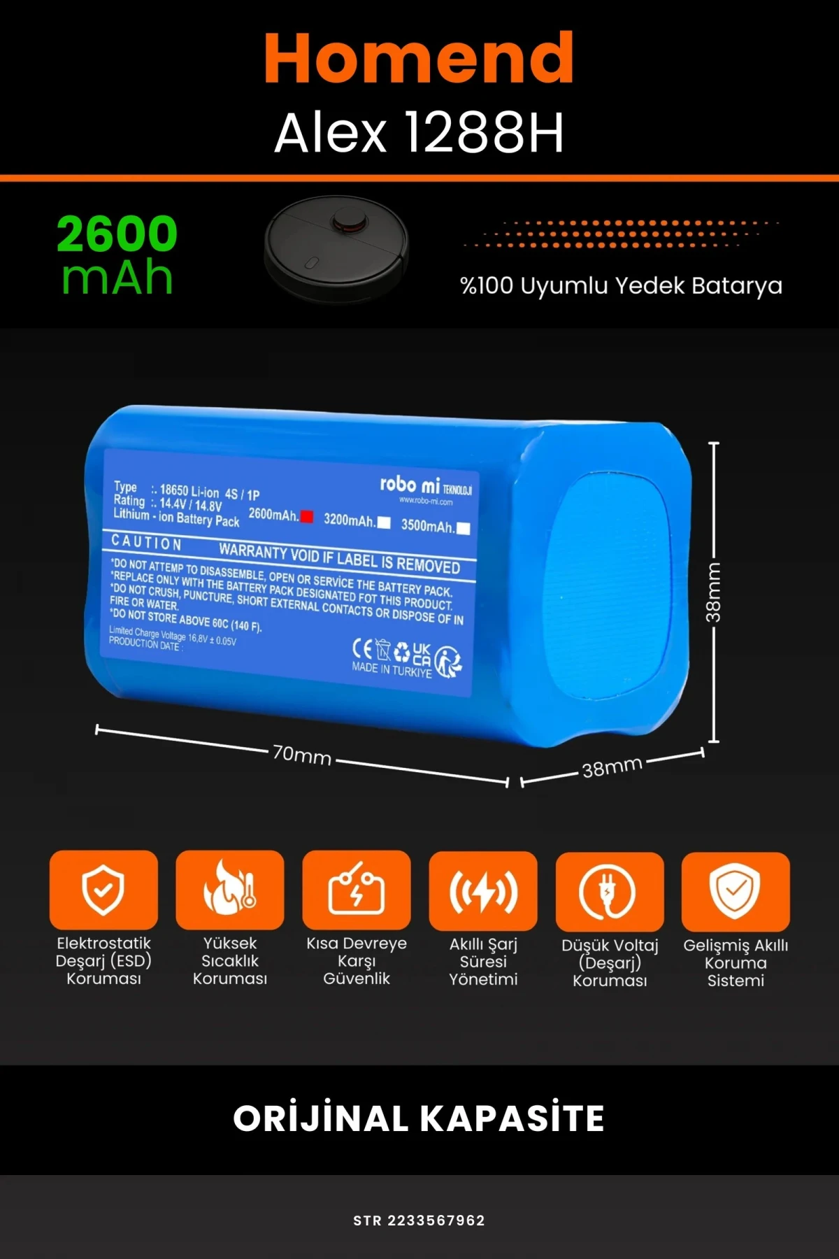 Homend Alex 1288h 2600mAh Robot Süpürge Bataryası - Gerçek Kapasite, Maksimum Güvenlik