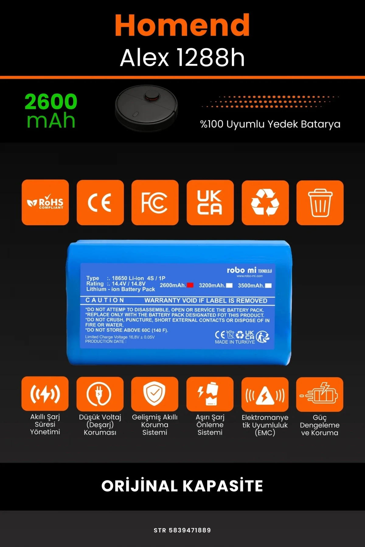 Homend Alex 1288h 2600mAh Robot Süpürge Bataryası - Gerçek Kapasite, Maksimum Güvenlik