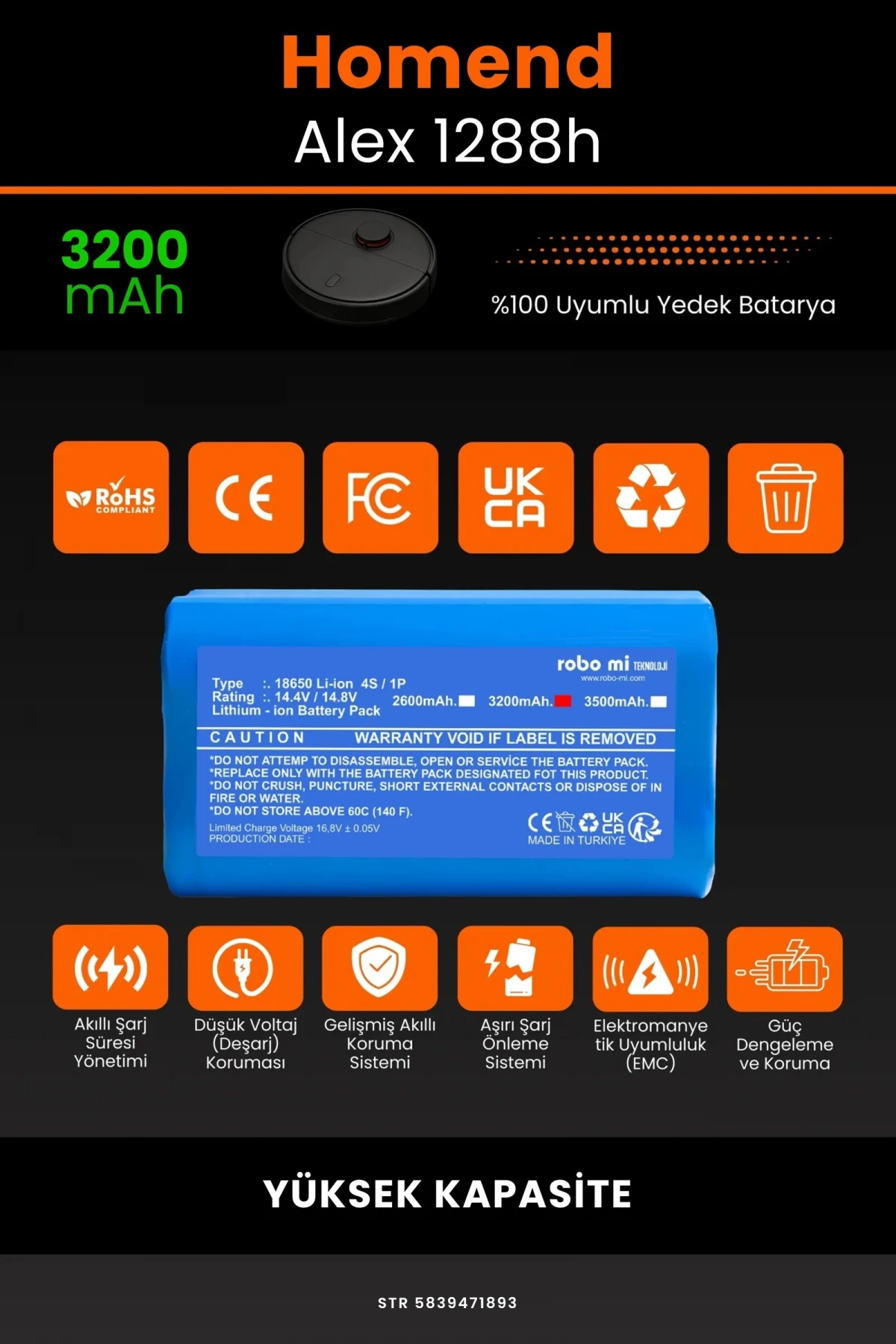 Homend Alex 1288h 3200mAh Robot Süpürge Bataryası - Gerçek Kapasite, Maksimum Güvenlik