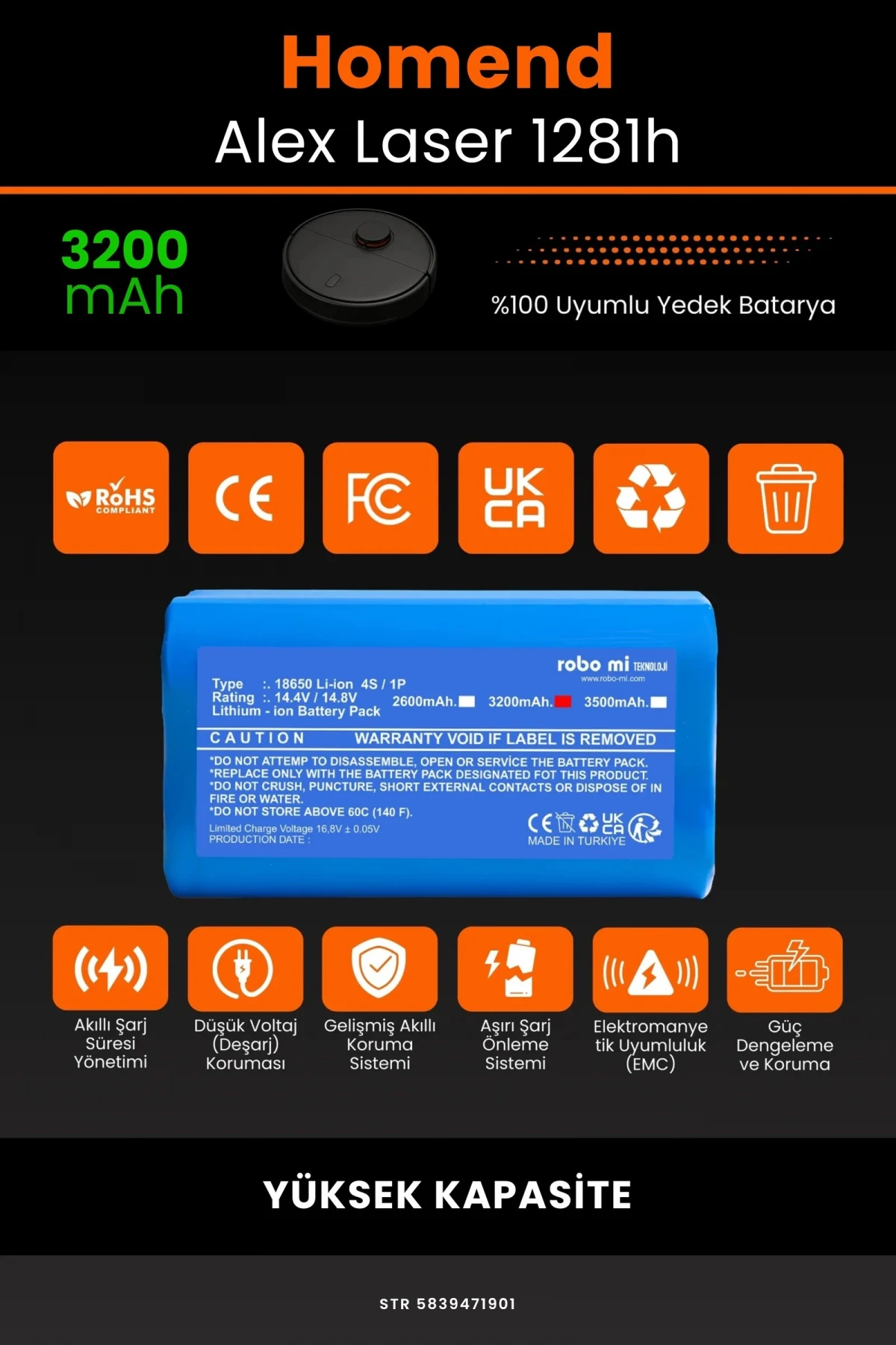 Homend Alex Laser 1281h 3200mAh Robot Süpürge Bataryası - Gerçek Kapasite, Maksimum Güvenlik