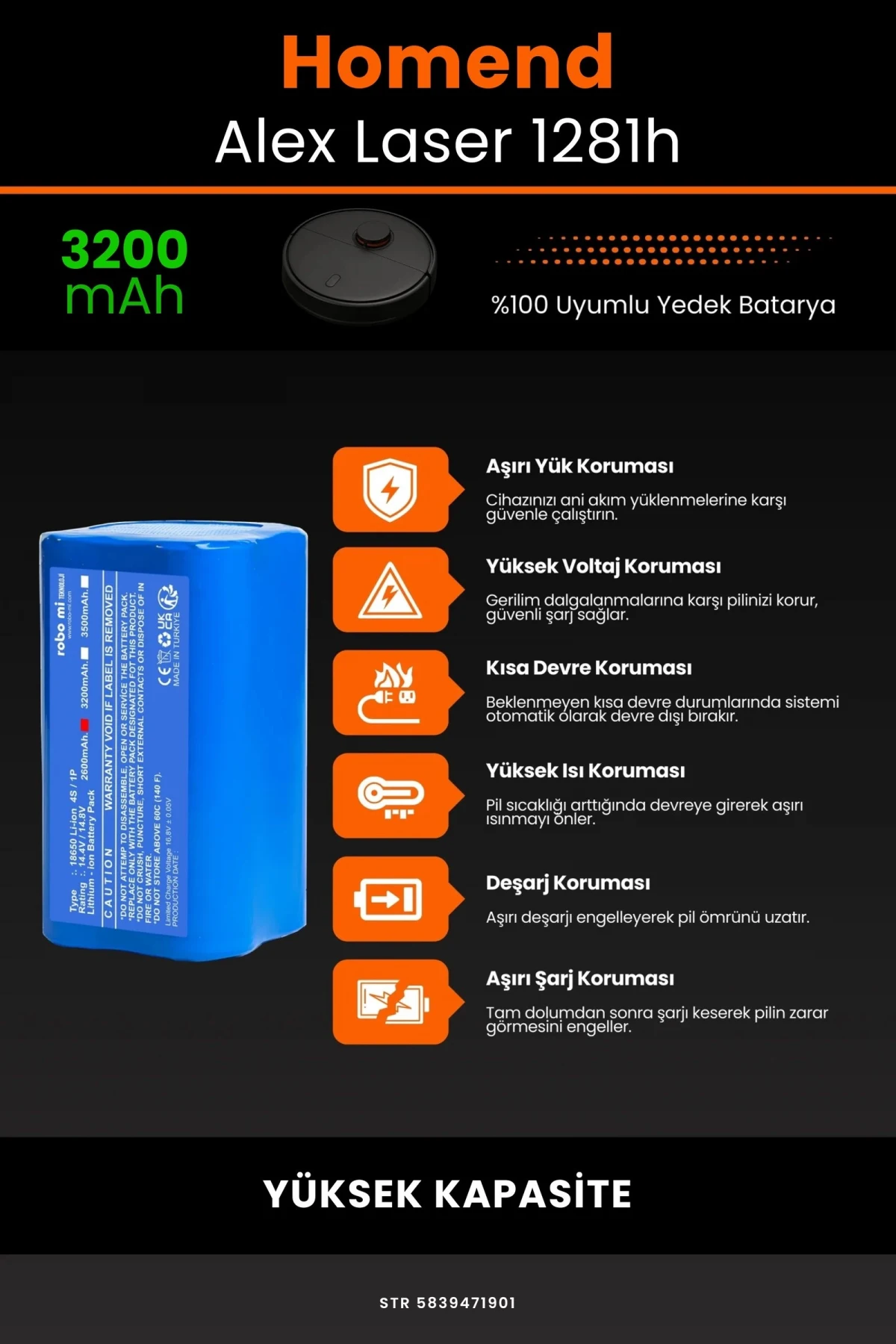 Homend Alex Laser 1281h 3200mAh Robot Süpürge Bataryası - Gerçek Kapasite, Maksimum Güvenlik