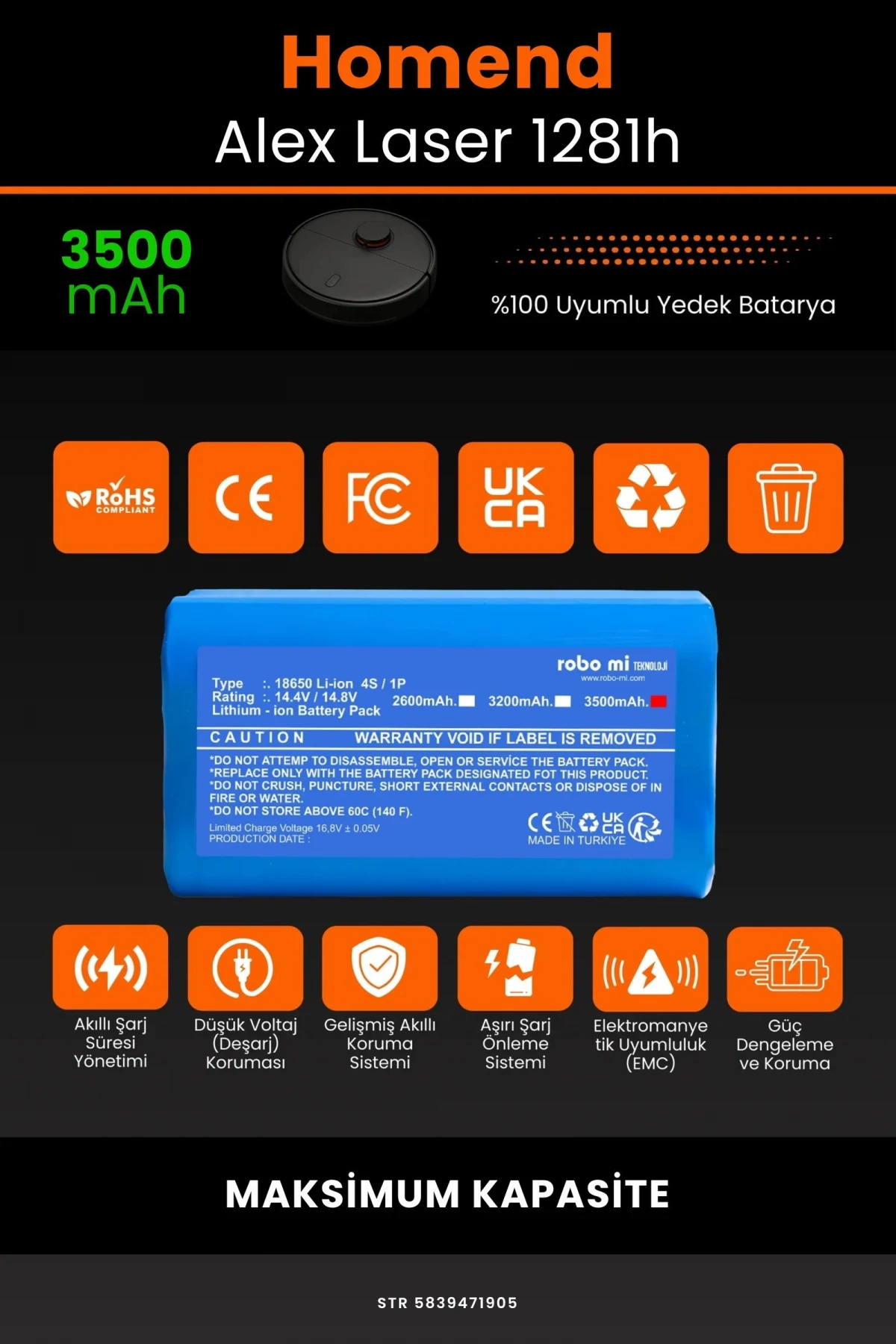 Homend Alex Laser 1281h 3500mAh Robot Süpürge Bataryası - Gerçek Kapasite, Maksimum Güvenlik