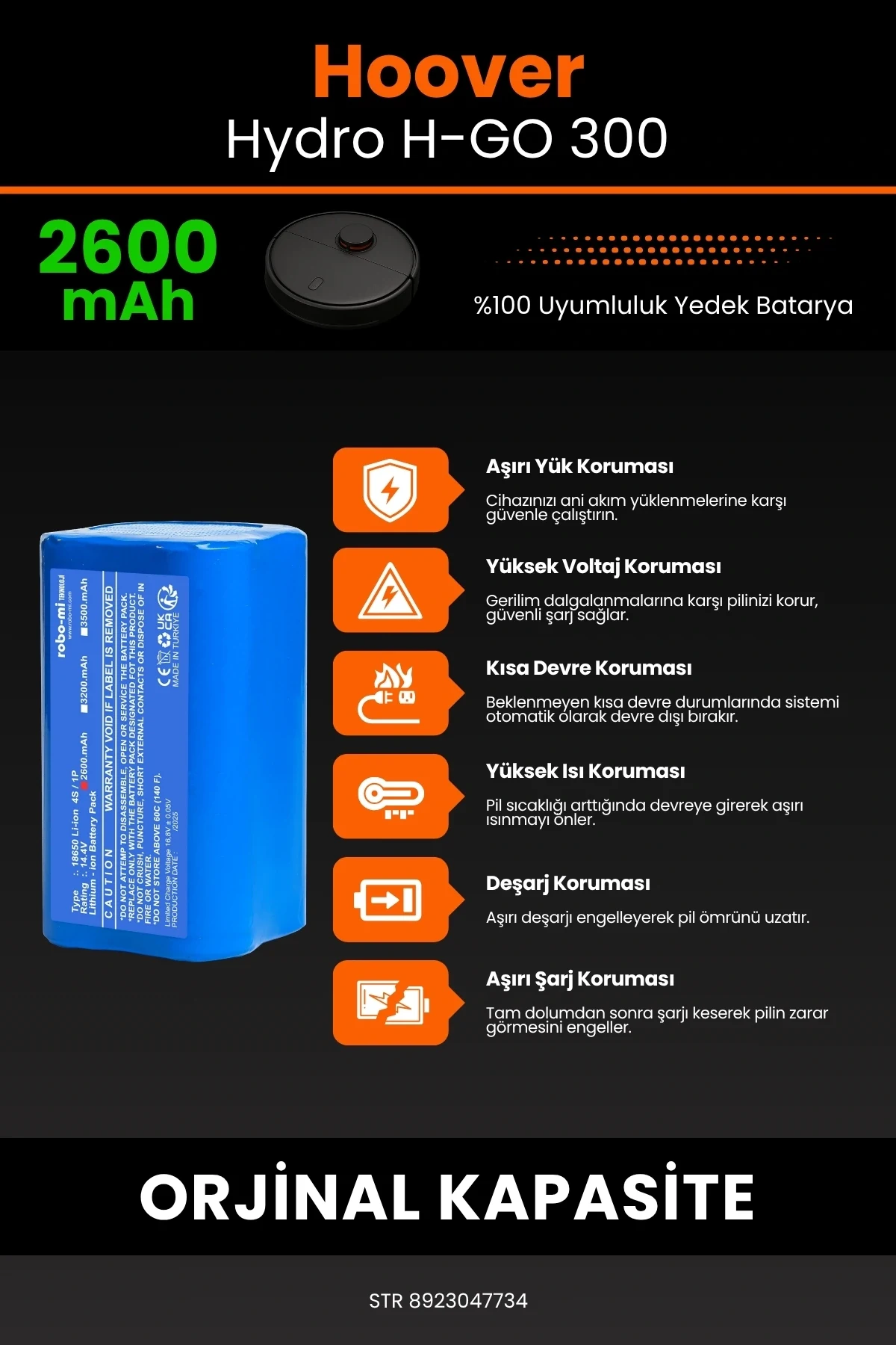 Hoover H-GO 300 Hydro 2600mAh Robot Süpürge Bataryası - Gerçek Kapasite, Maksimum Güvenlik