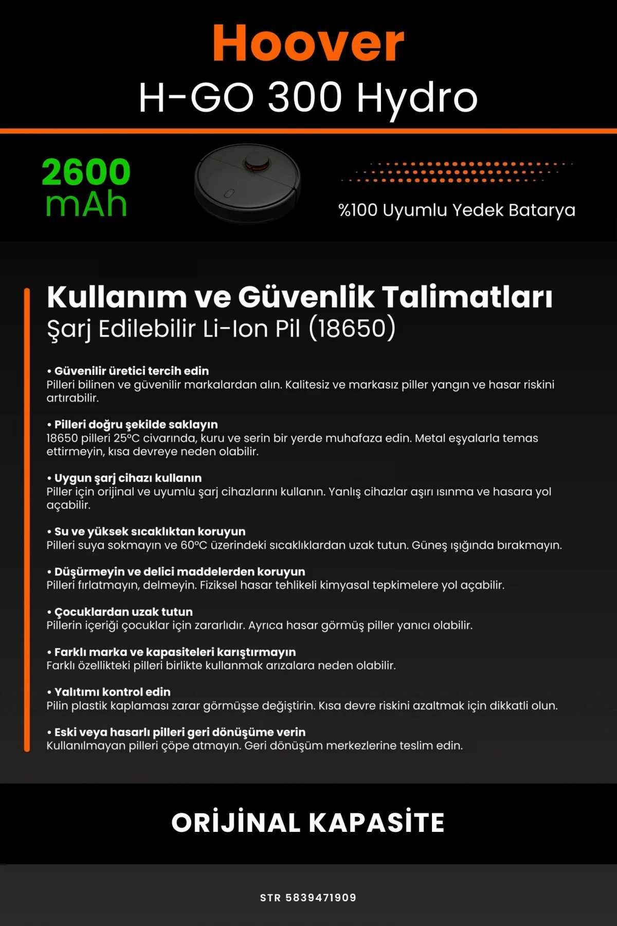 Hoover H-GO 300 Hydro 2600mAh Robot Süpürge Bataryası - Gerçek Kapasite, Maksimum Güvenlik