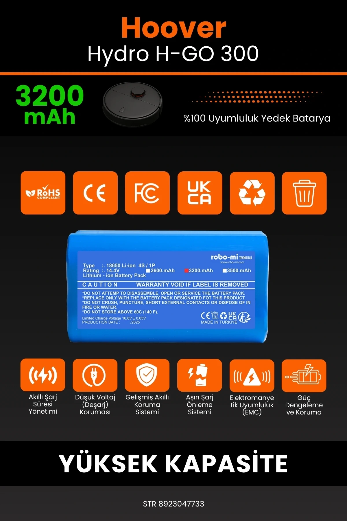 Hoover H-GO 300 Hydro 3200mAh Robot Süpürge Bataryası - Gerçek Kapasite, Maksimum Güvenlik