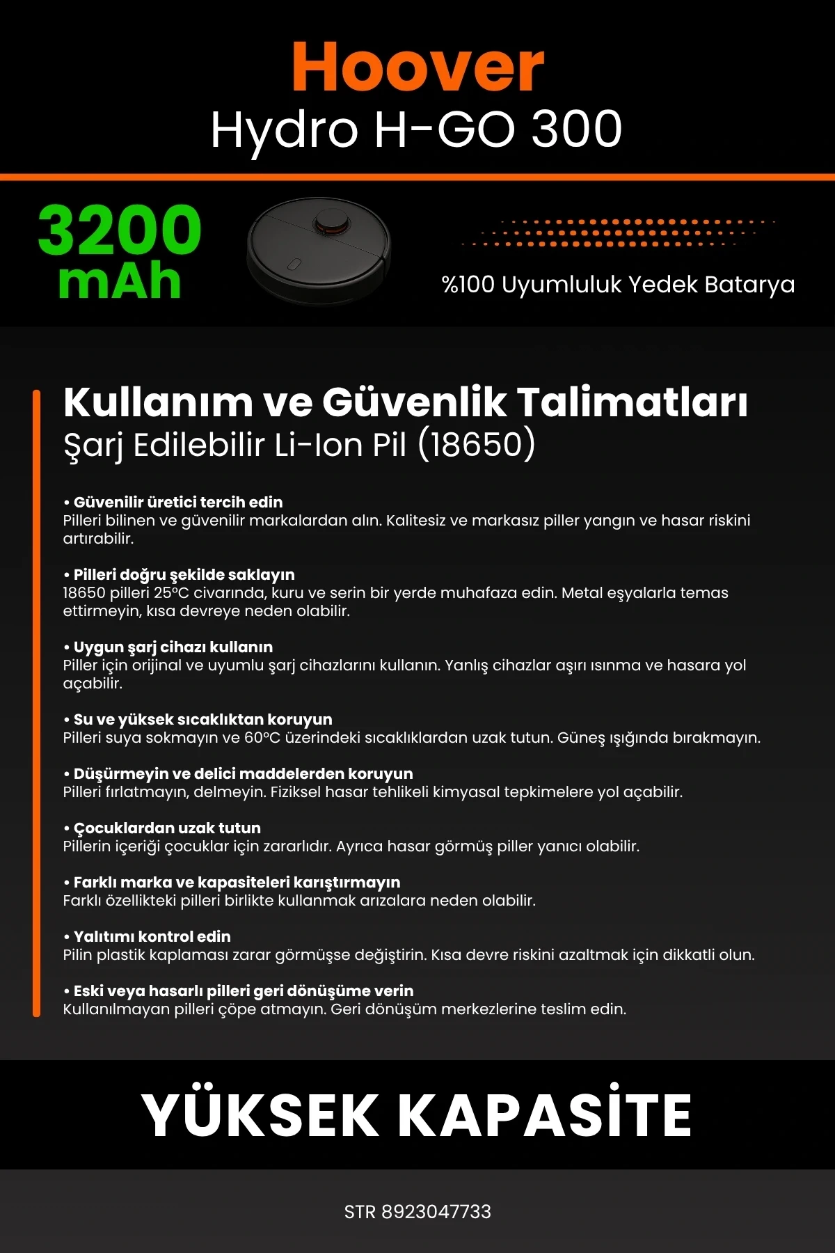 Hoover H-GO 300 Hydro 3200mAh Robot Süpürge Bataryası - Gerçek Kapasite, Maksimum Güvenlik