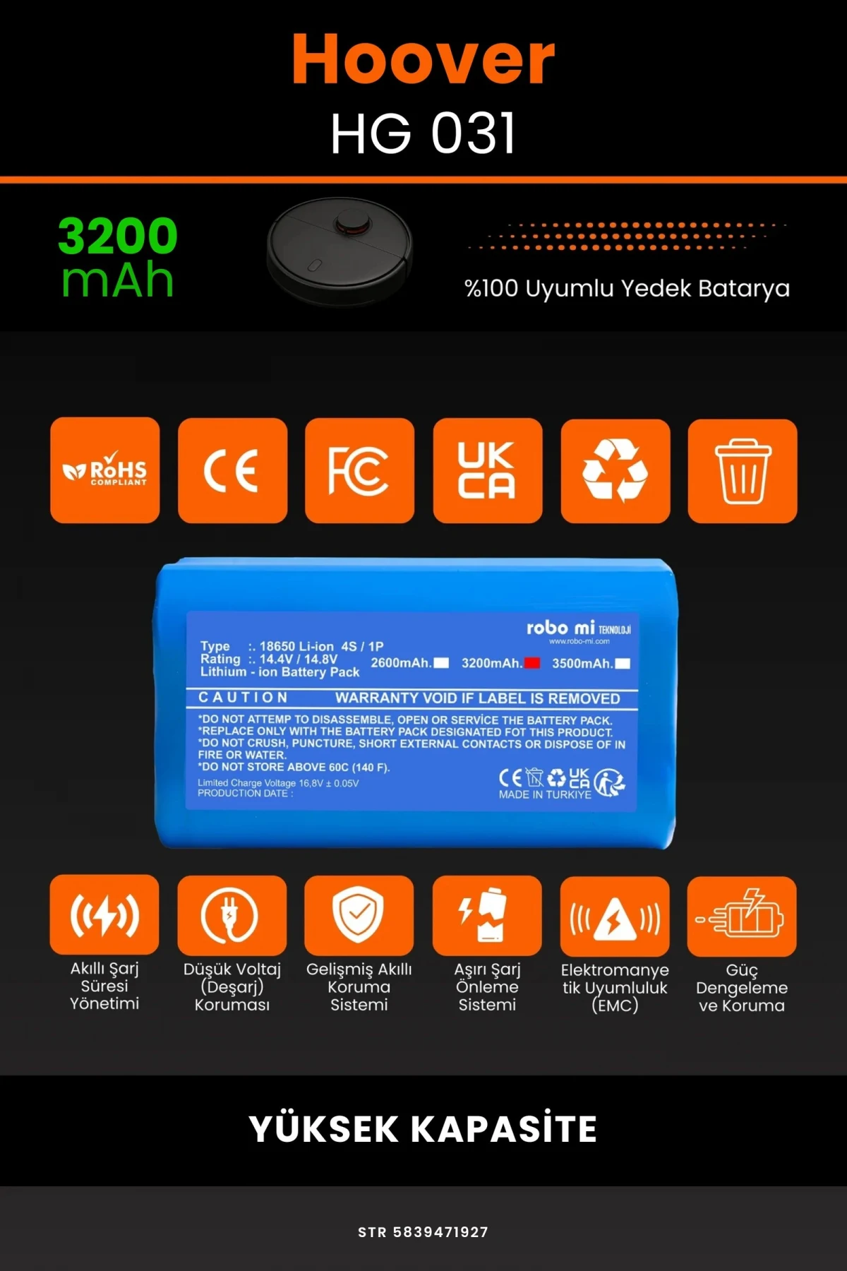 Hoover HG 031 3200mAh Robot Süpürge Bataryası - Gerçek Kapasite, Maksimum Güvenlik