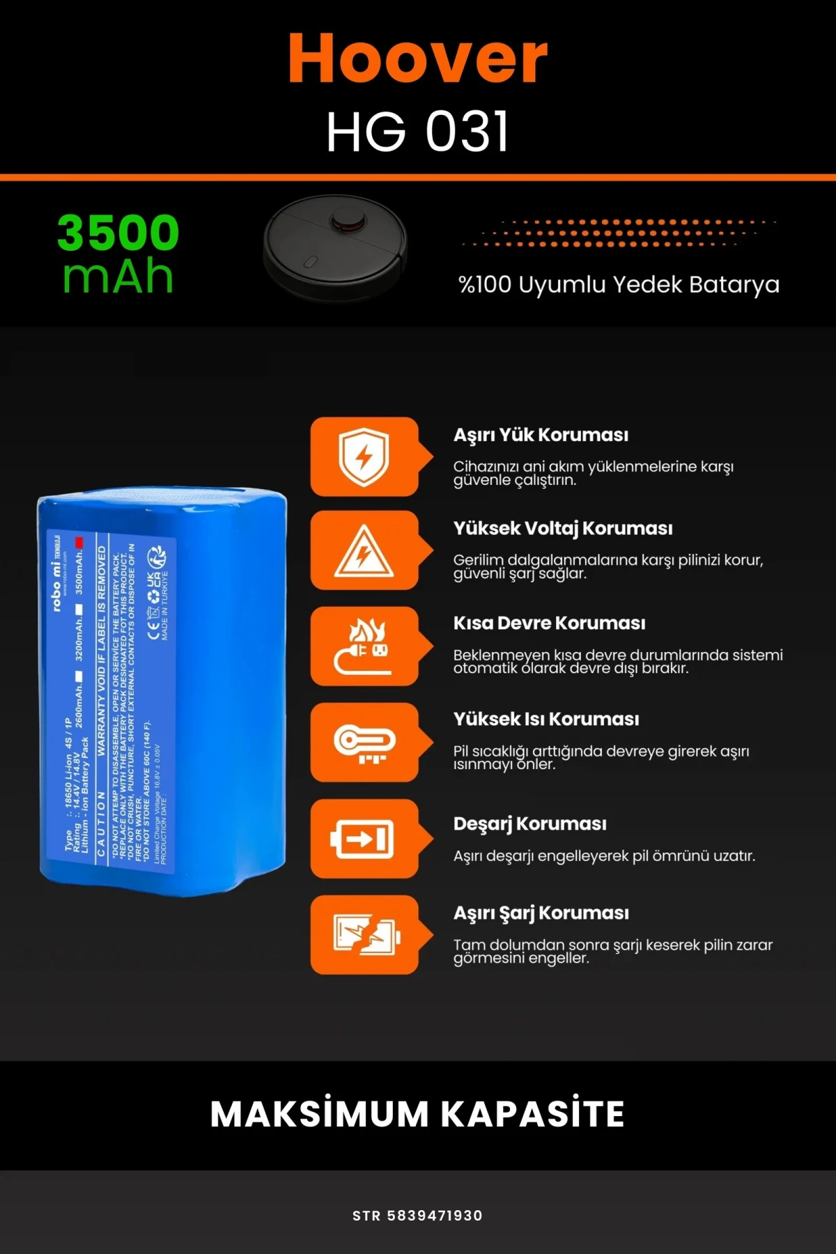 Hoover HG 031 3500mAh Robot Süpürge Bataryası - Gerçek Kapasite, Maksimum Güvenlik