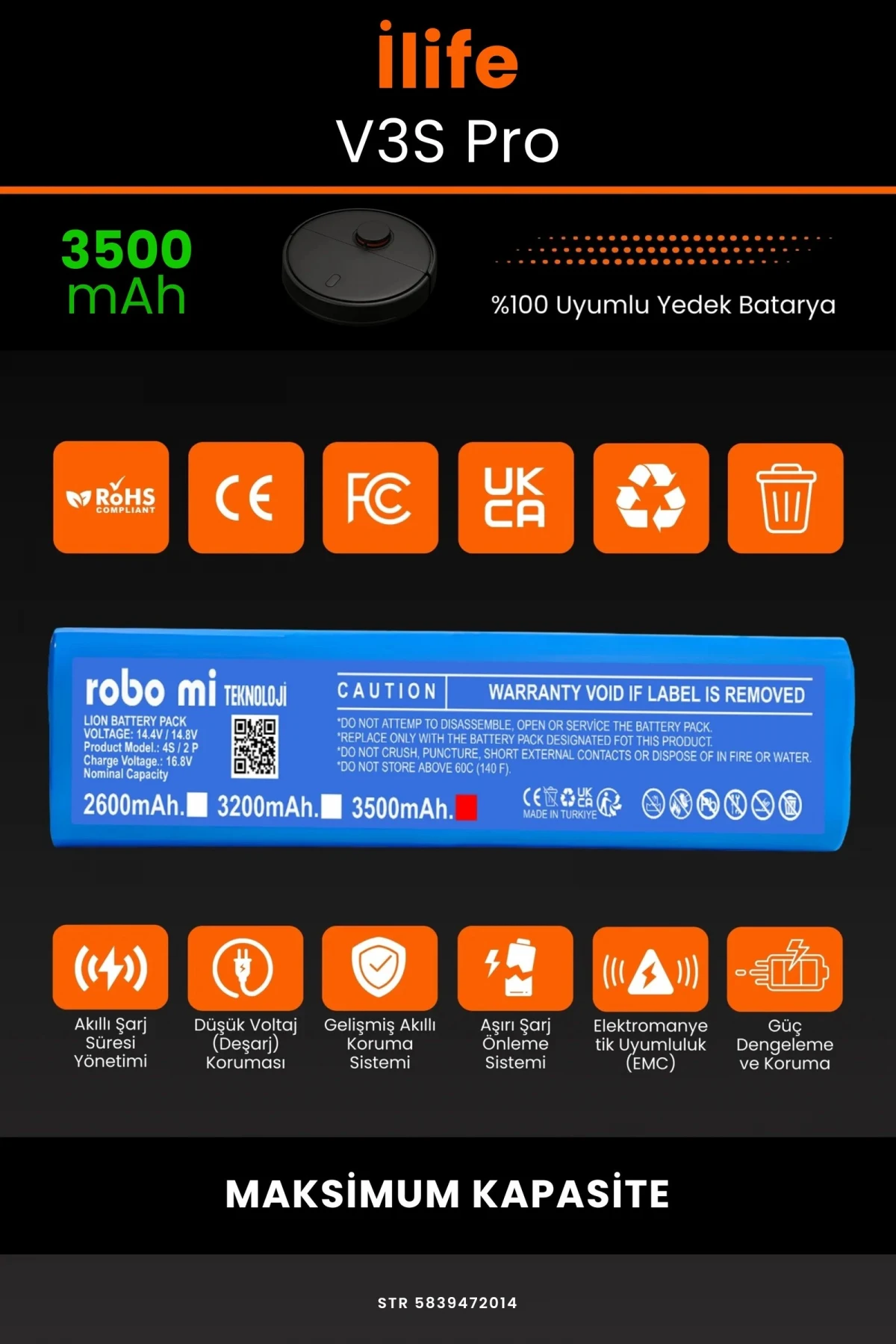 İlife V3S Pro 3500mAh Robot Süpürge Bataryası - Gerçek Kapasite, Maksimum Güvenlik