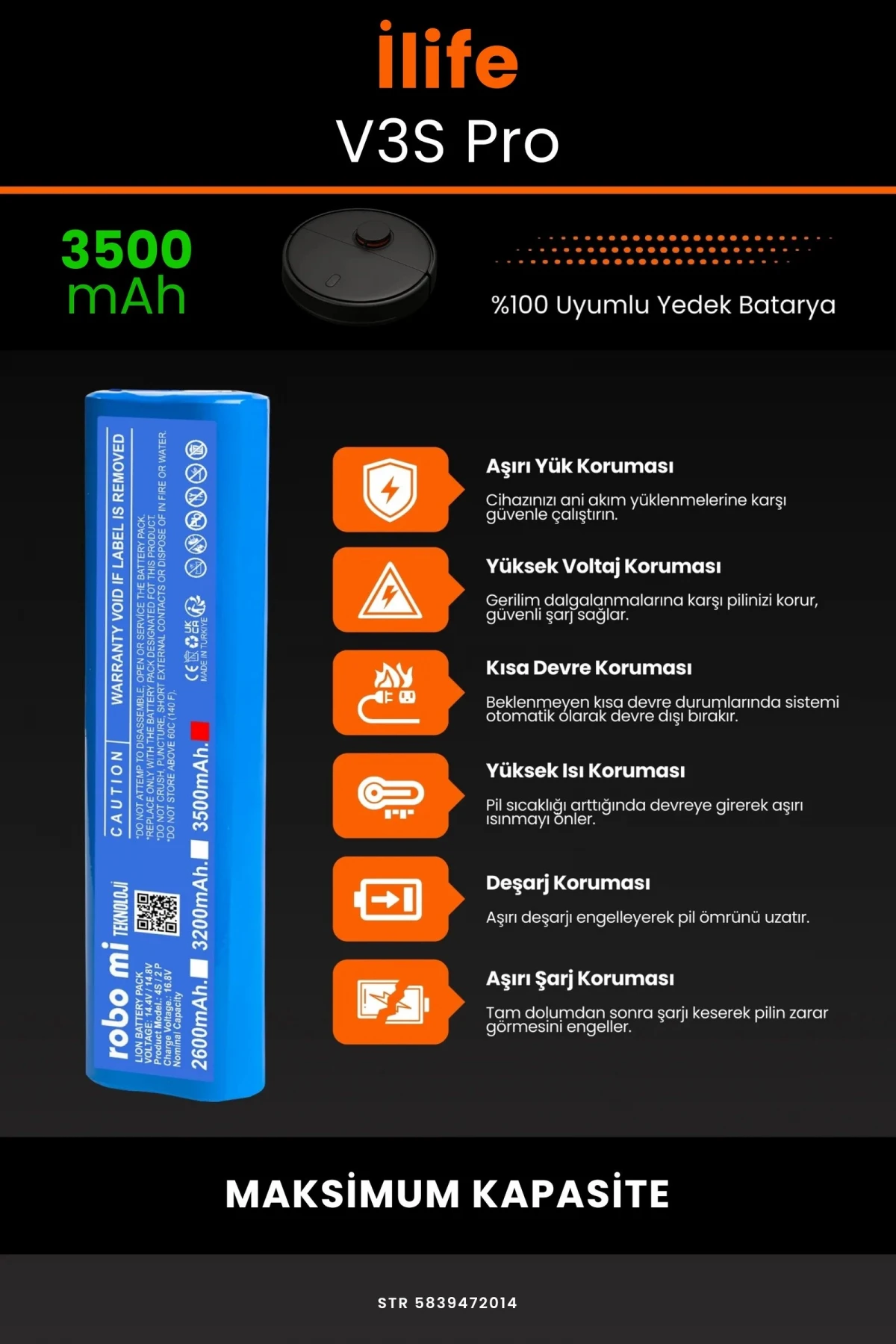 İlife V3S Pro 3500mAh Robot Süpürge Bataryası - Gerçek Kapasite, Maksimum Güvenlik