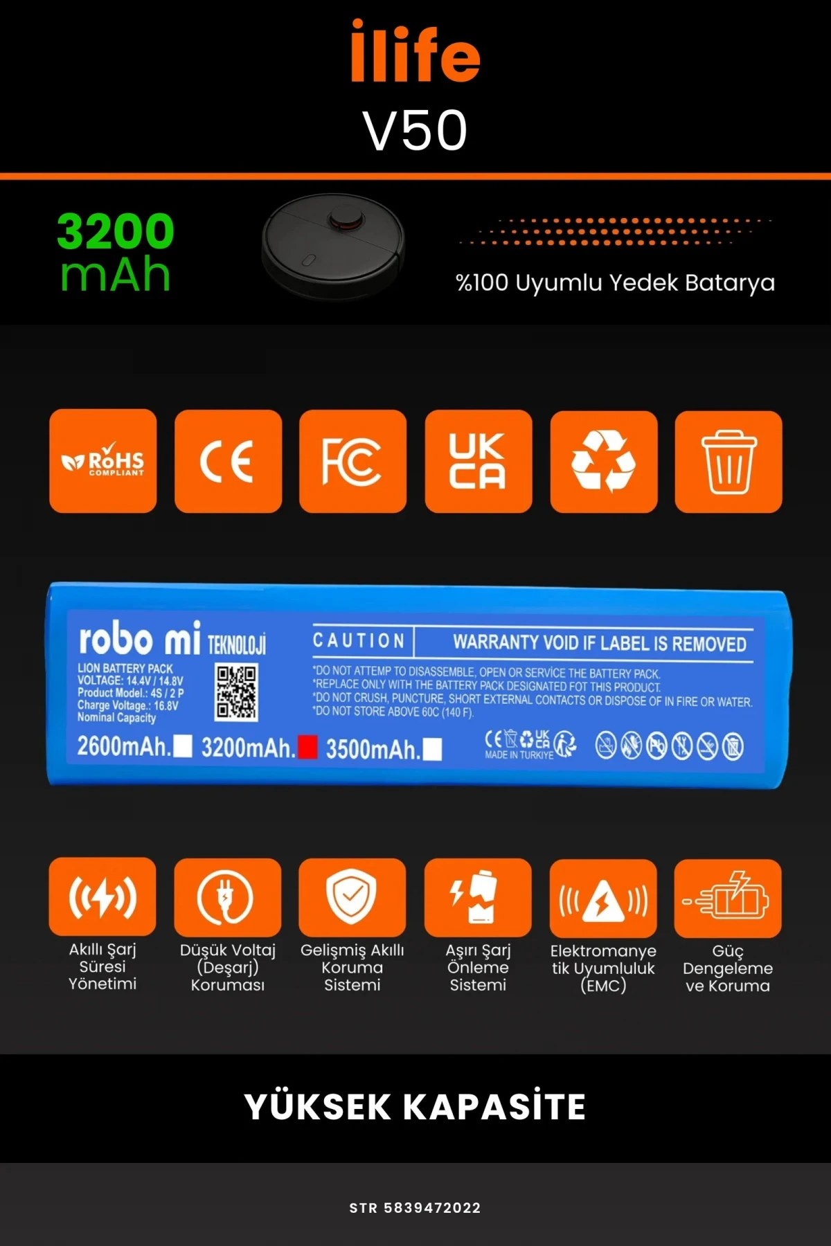 İlife V50 3200mAh Robot Süpürge Bataryası - Gerçek Kapasite, Maksimum Güvenlik
