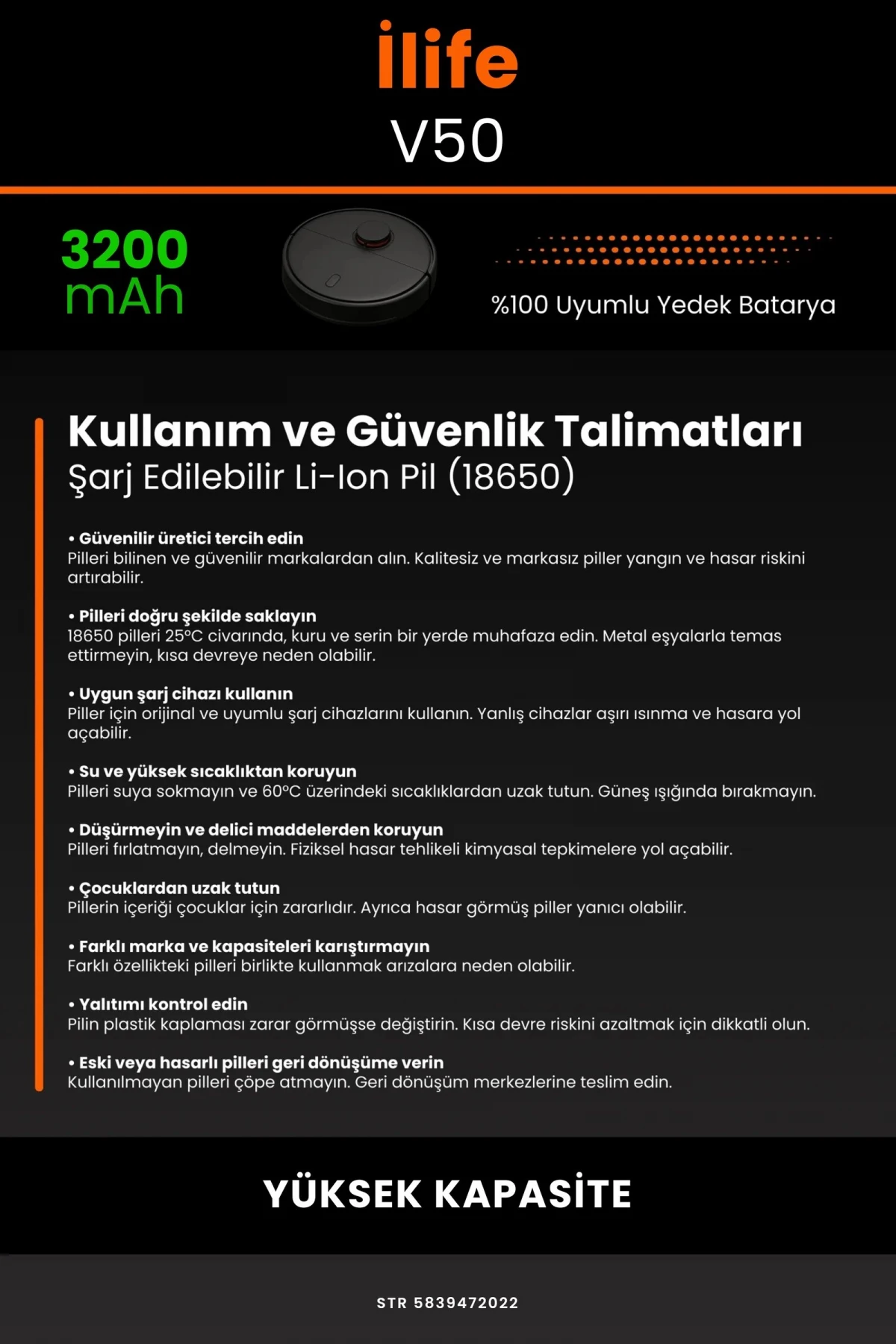 İlife V50 3200mAh Robot Süpürge Bataryası - Gerçek Kapasite, Maksimum Güvenlik