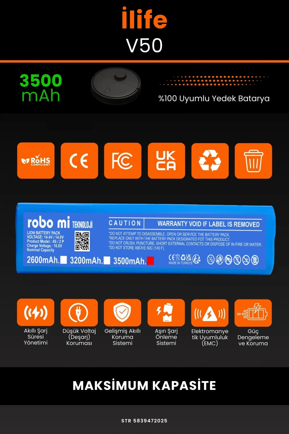 İlife V50 3500mAh Robot Süpürge Bataryası - Gerçek Kapasite, Maksimum Güvenlik