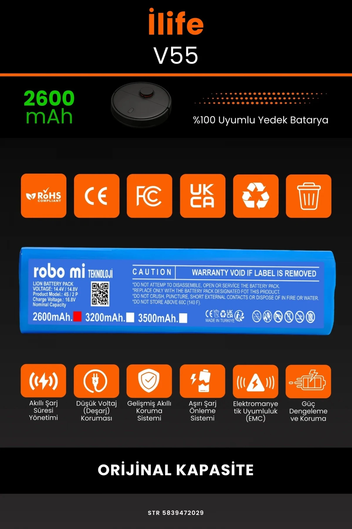 İlife V55 2600mAh Robot Süpürge Bataryası - Gerçek Kapasite, Maksimum Güvenlik