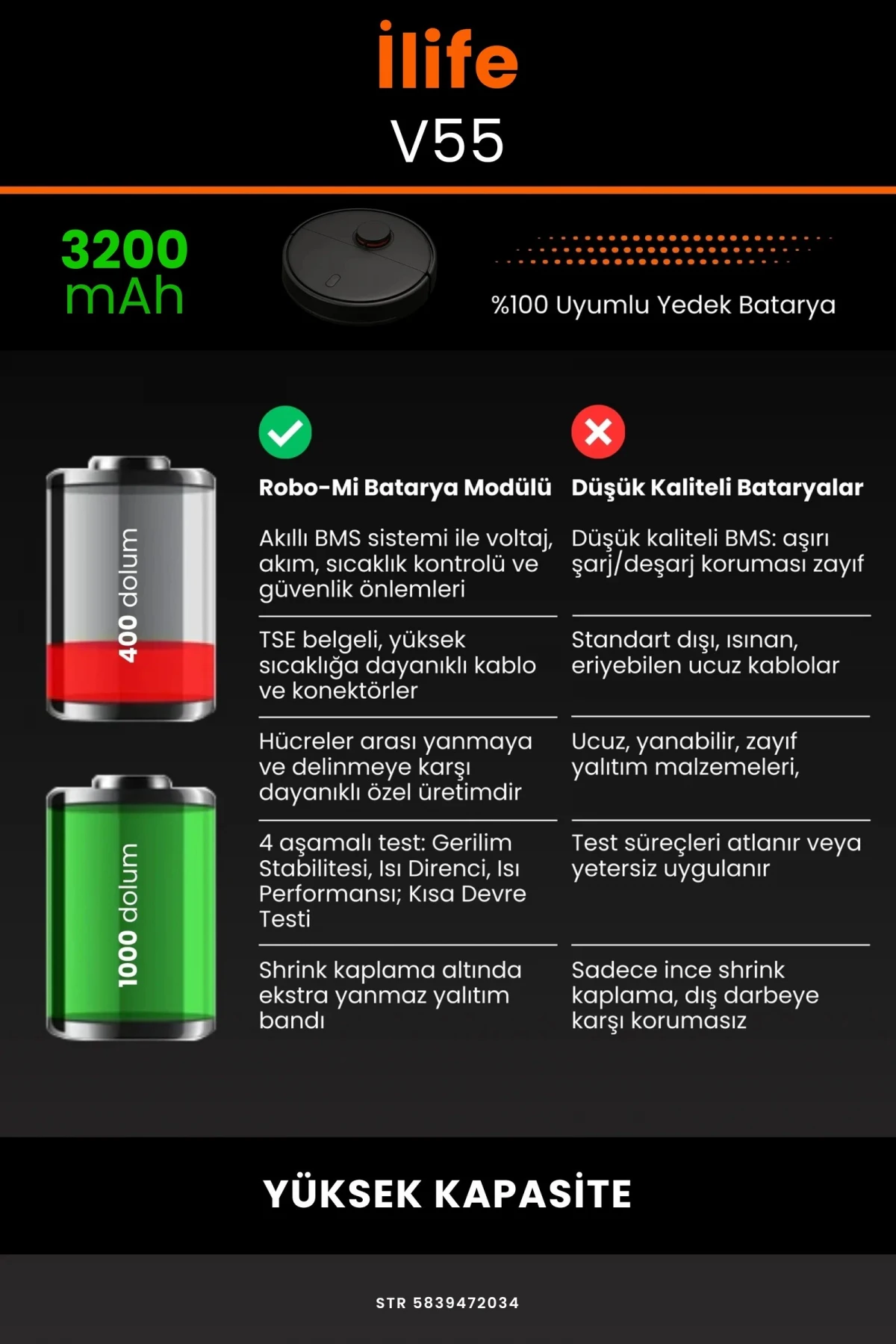 İlife V55 3200mAh Robot Süpürge Bataryası - Gerçek Kapasite, Maksimum Güvenlik