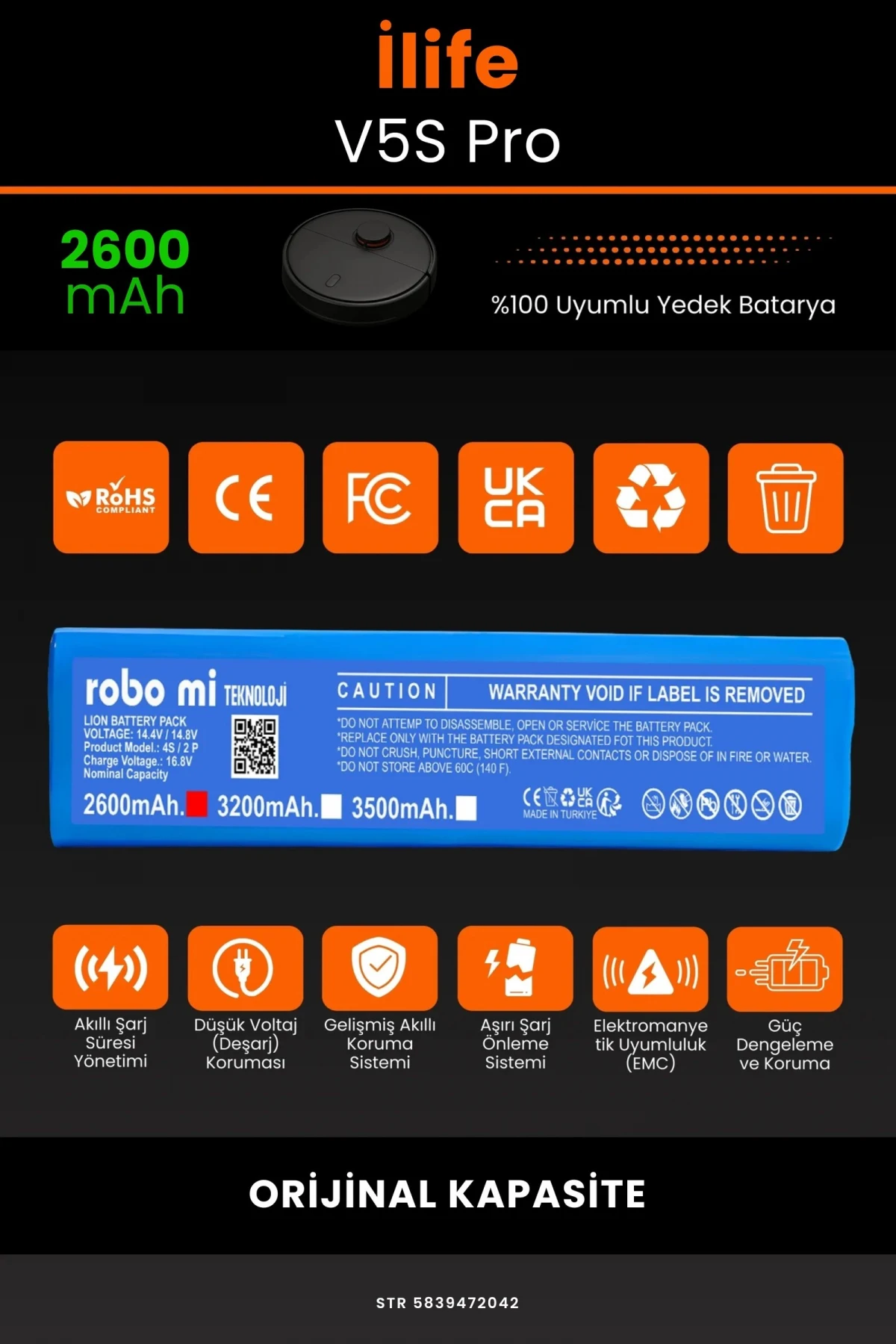 İlife V5S Pro 2600mAh Robot Süpürge Bataryası - Gerçek Kapasite, Maksimum Güvenlik