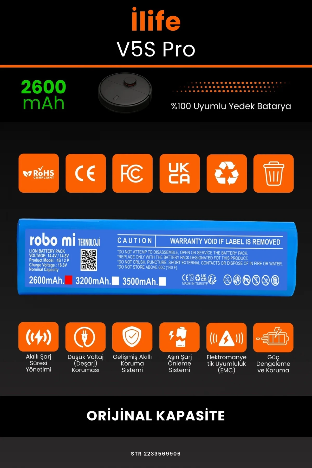 İlife V5S Pro 2600mAh Robot Süpürge Bataryası - Gerçek Kapasite, Maksimum Güvenlik