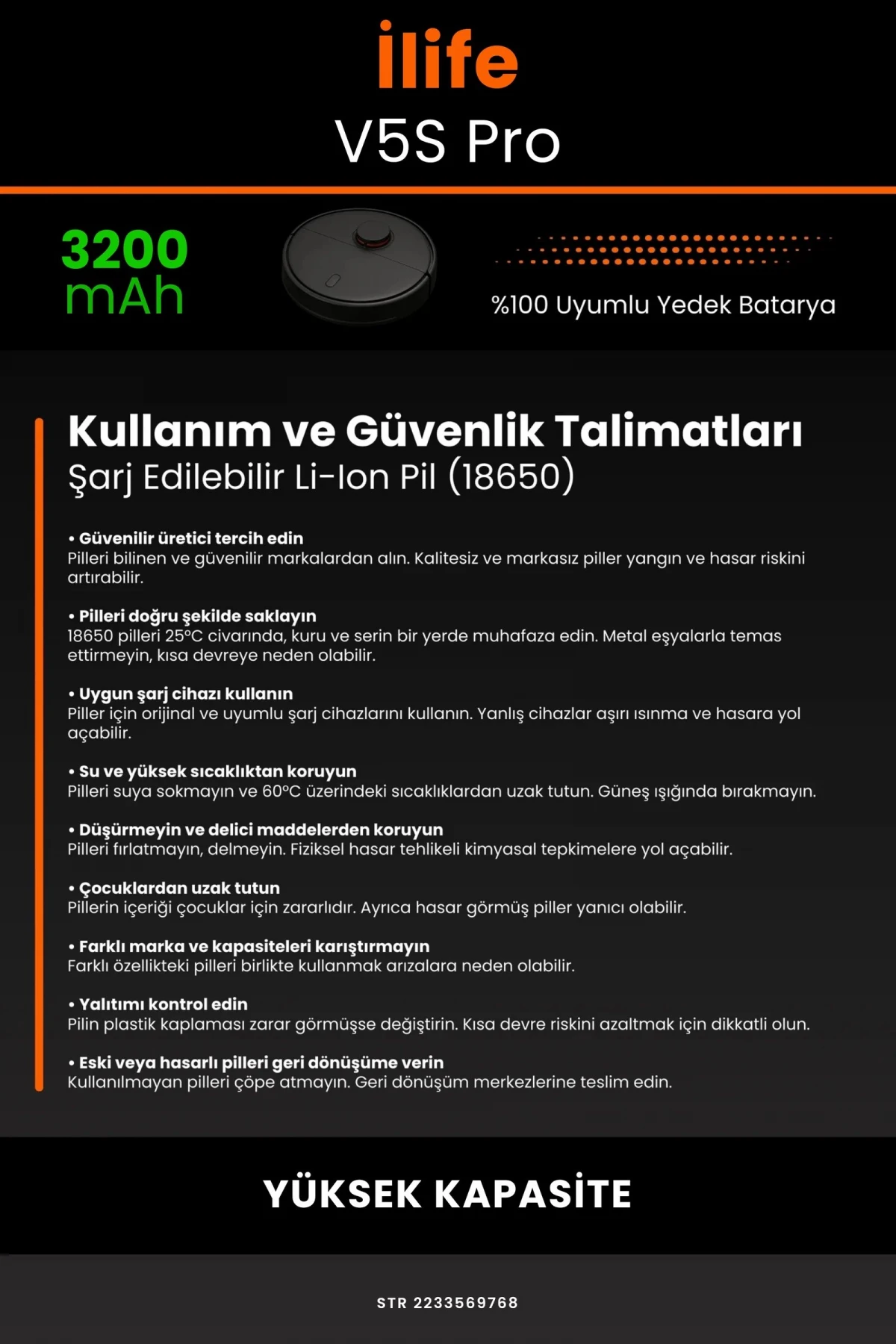 İlife V5S Pro 3200mAh Robot Süpürge Bataryası - Gerçek Kapasite, Maksimum Güvenlik