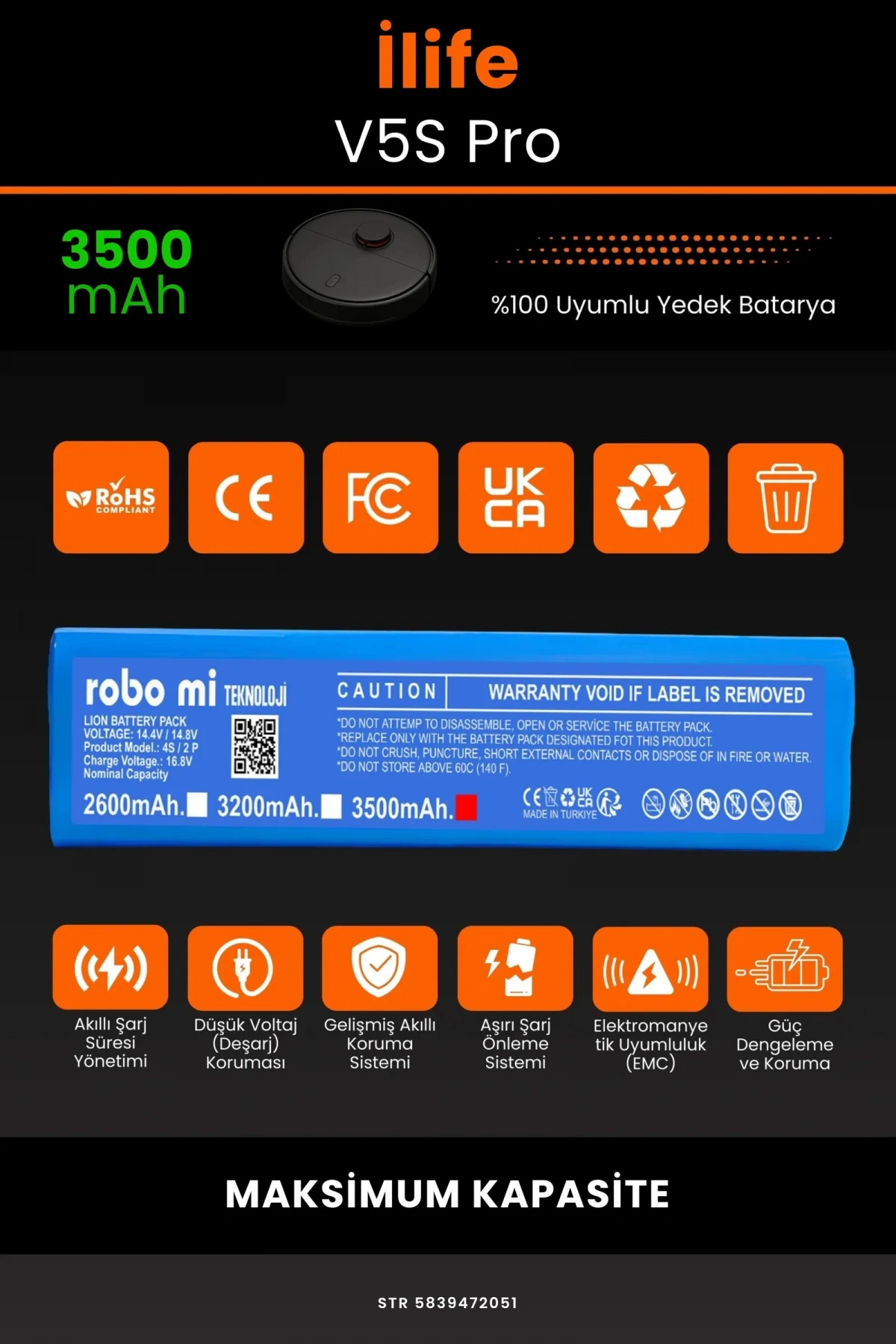 İlife V5S Pro 3500mAh Robot Süpürge Bataryası - Gerçek Kapasite, Maksimum Güvenlik