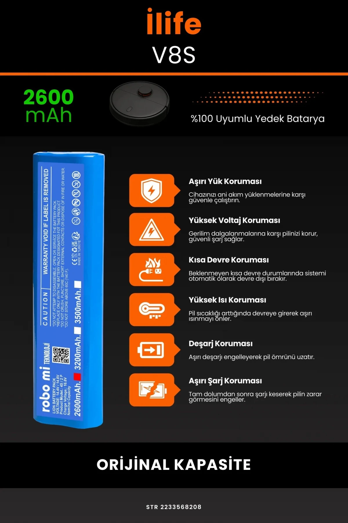 İlife V8S 2600mAh Robot Süpürge Bataryası - Gerçek Kapasite, Maksimum Güvenlik