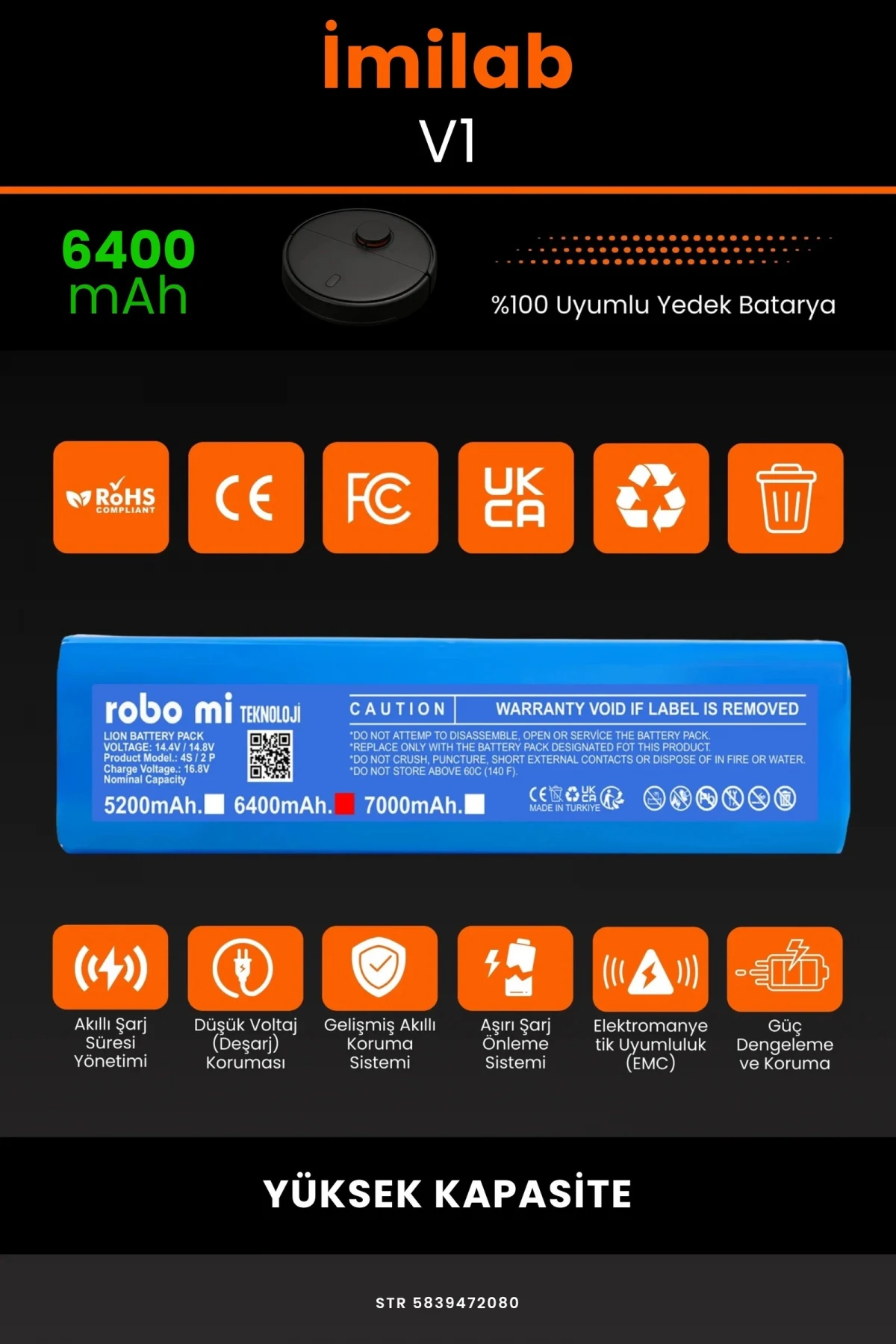 İmilab V1 6400mAh Robot Süpürge Bataryası - Gerçek Kapasite, Maksimum Güvenlik