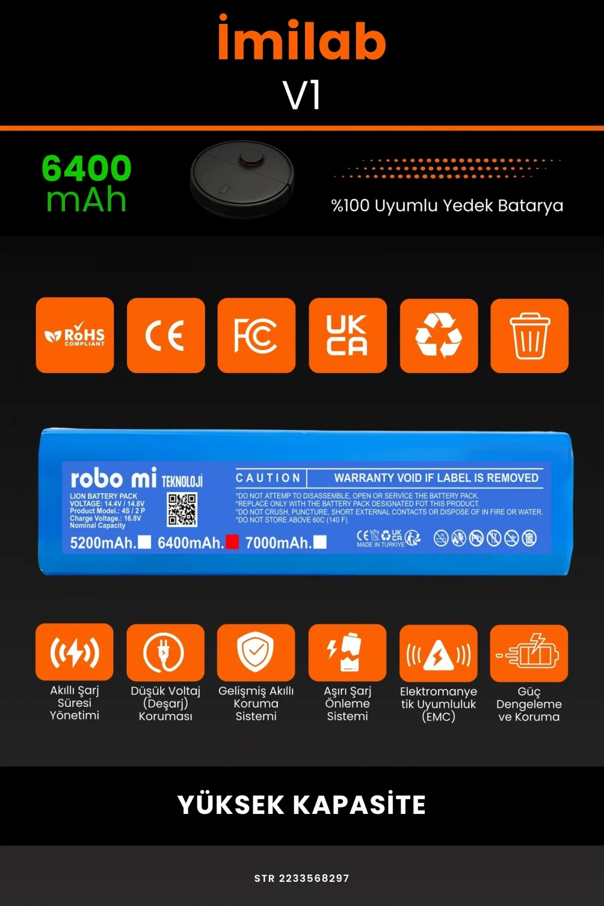 İmilab V1 6400mAh Robot Süpürge Bataryası - Gerçek Kapasite, Maksimum Güvenlik
