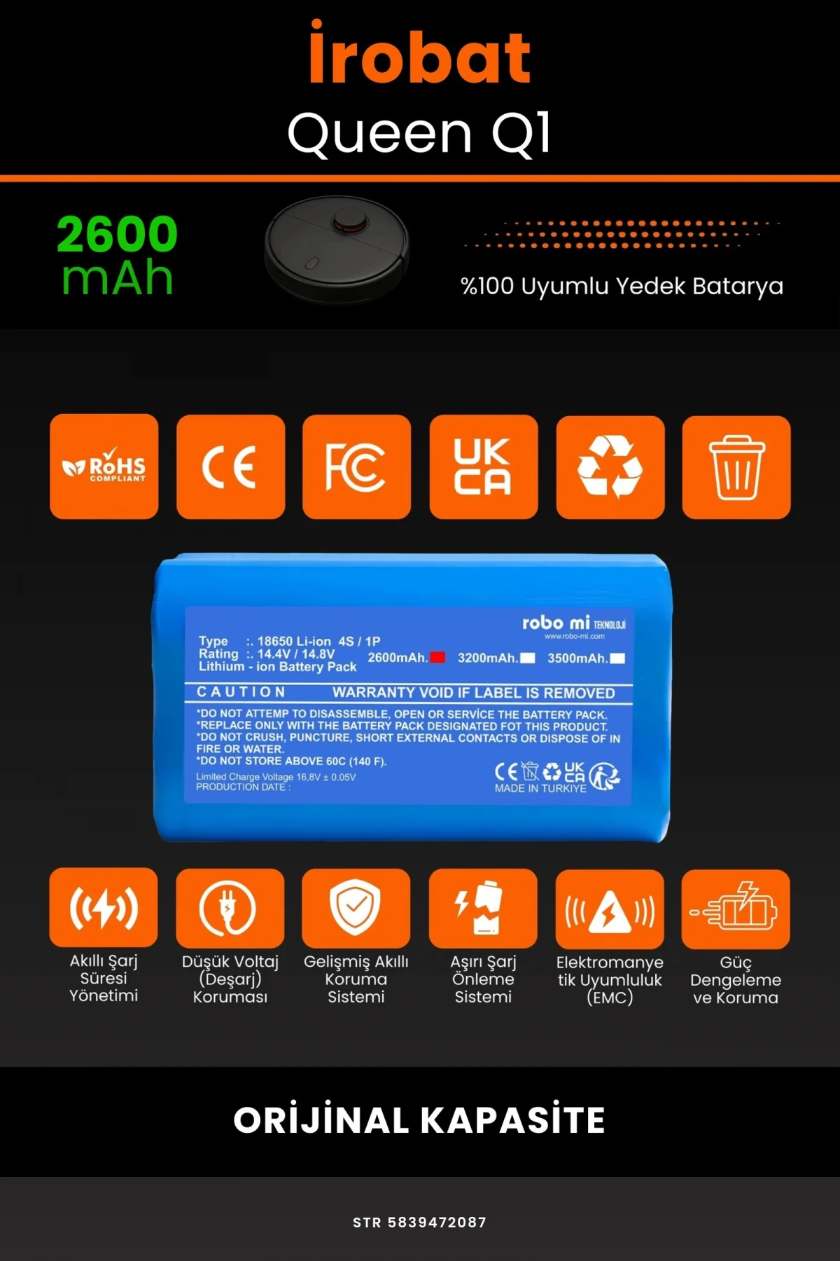 İrobat Queen Q1 2600mAh Robot Süpürge Bataryası - Gerçek Kapasite, Maksimum Güvenlik