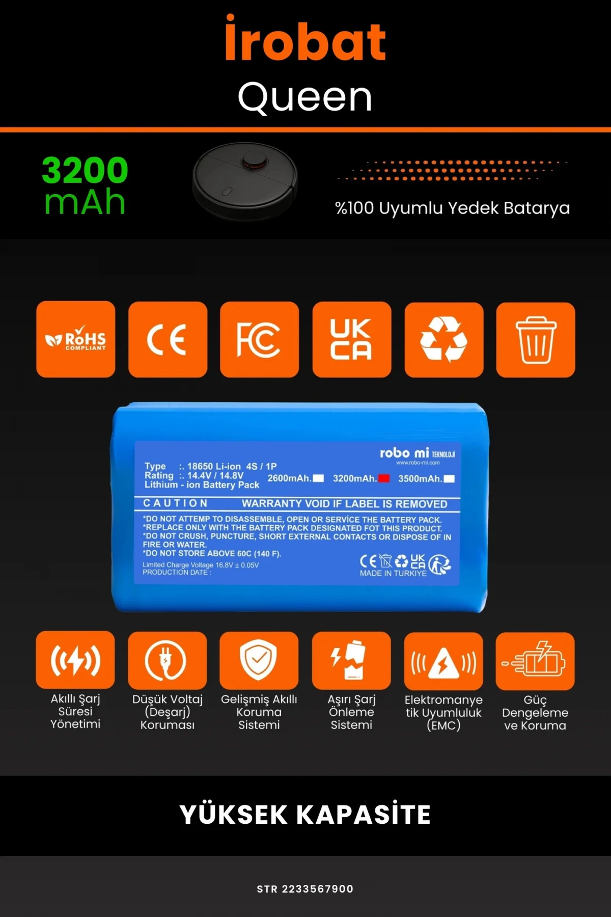 İrobat Queen Q1 3200mAh Robot Süpürge Bataryası - Gerçek Kapasite, Maksimum Güvenlik