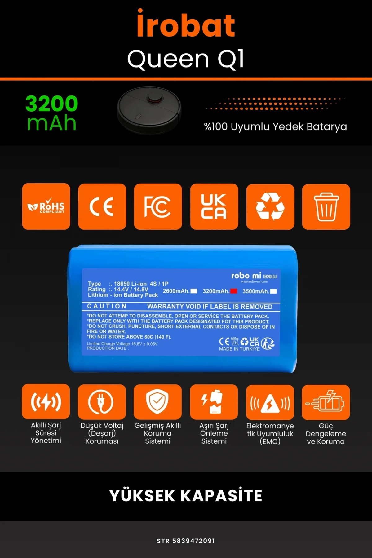 İrobat Queen Q1 3200mAh Robot Süpürge Bataryası - Gerçek Kapasite, Maksimum Güvenlik