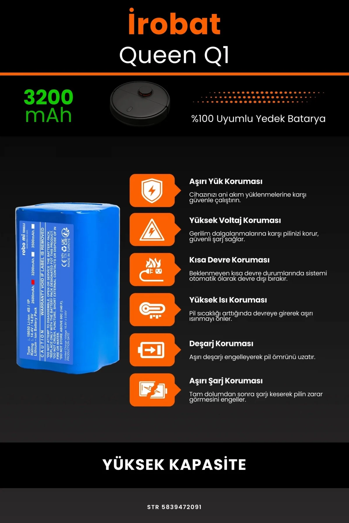 İrobat Queen Q1 3200mAh Robot Süpürge Bataryası - Gerçek Kapasite, Maksimum Güvenlik