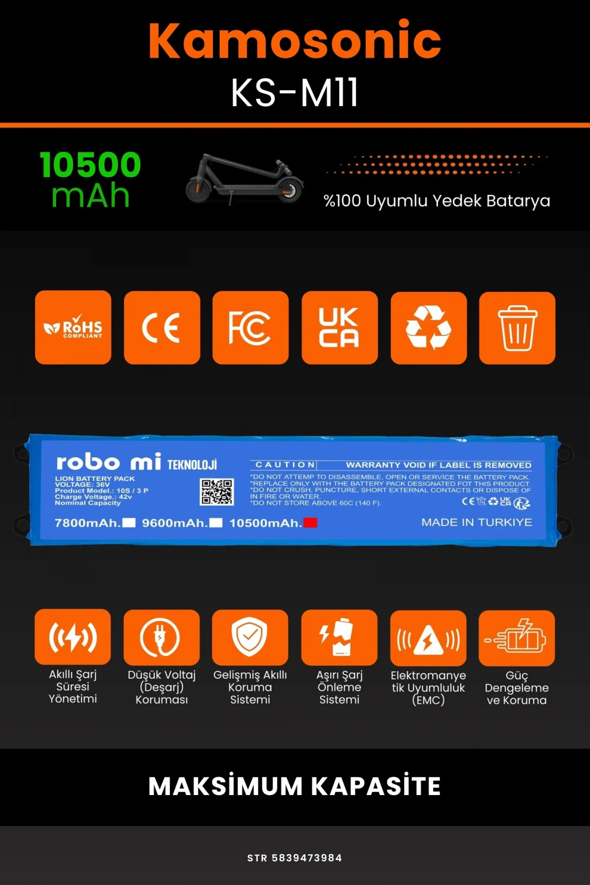 Kamosonic KS-M11 / 36V 10500mAh Elektrikli Scooter Bataryası - Gerçek Kapasite, Maksimum Güvenlik