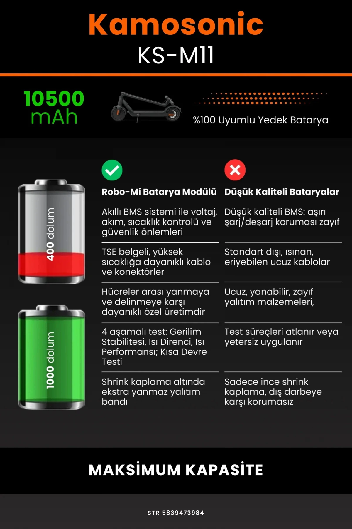 Kamosonic KS-M11 / 36V 10500mAh Elektrikli Scooter Bataryası - Gerçek Kapasite, Maksimum Güvenlik
