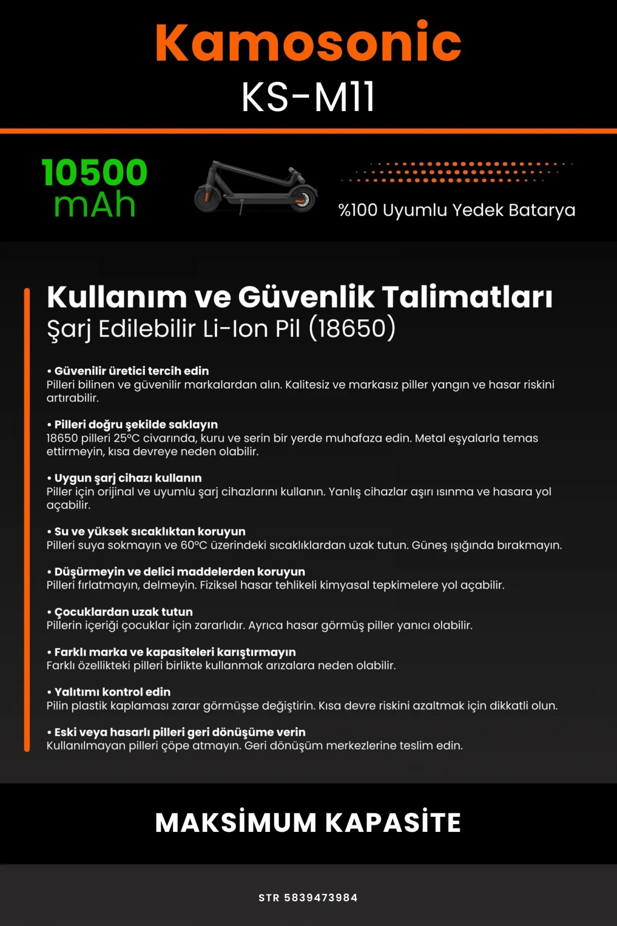 Kamosonic KS-M11 / 36V 10500mAh Elektrikli Scooter Bataryası - Gerçek Kapasite, Maksimum Güvenlik