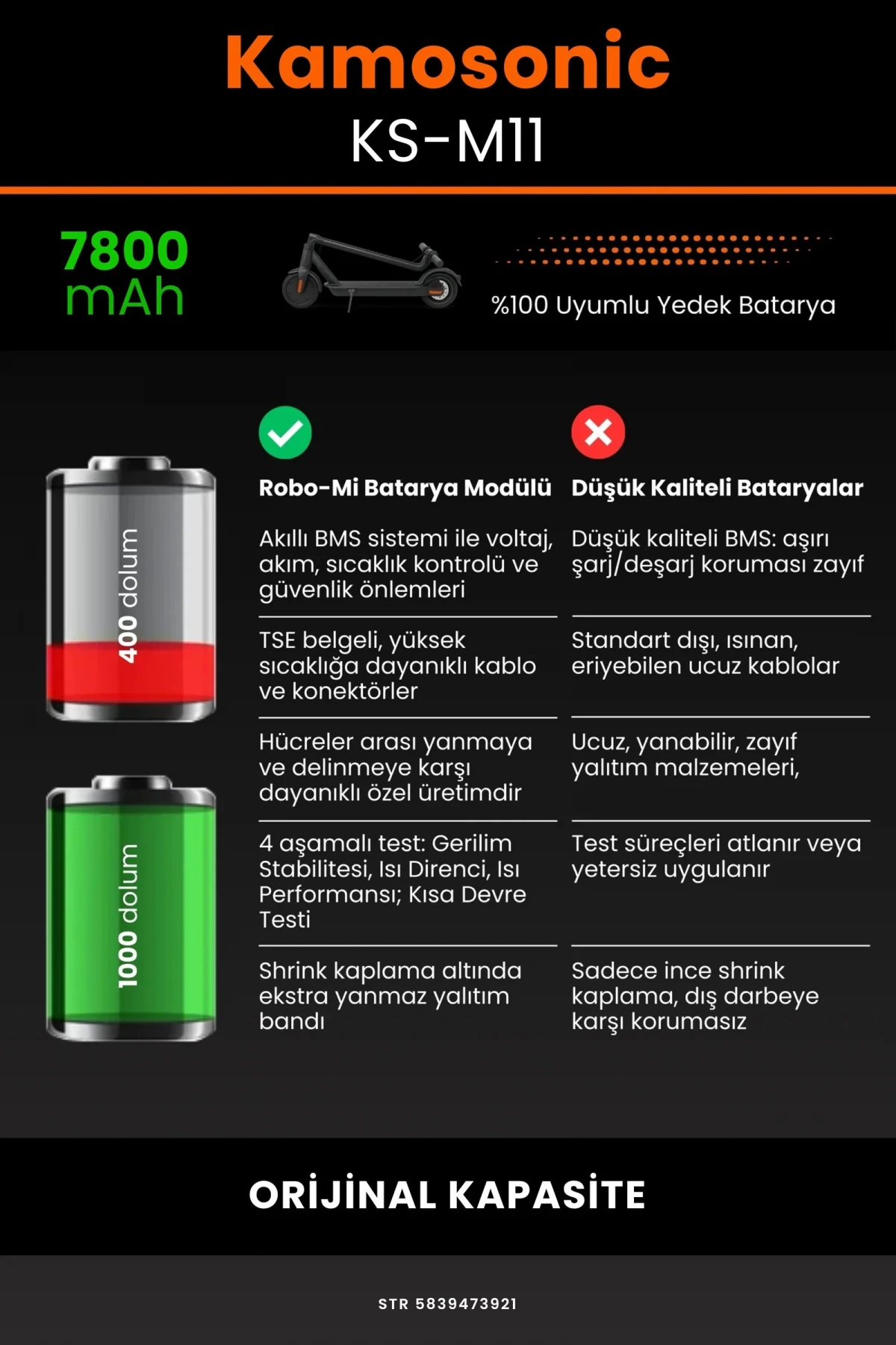 Kamosonic KS-M11 / 36V 7800mAh Elektrikli Scooter Bataryası - Gerçek Kapasite, Maksimum Güvenlik