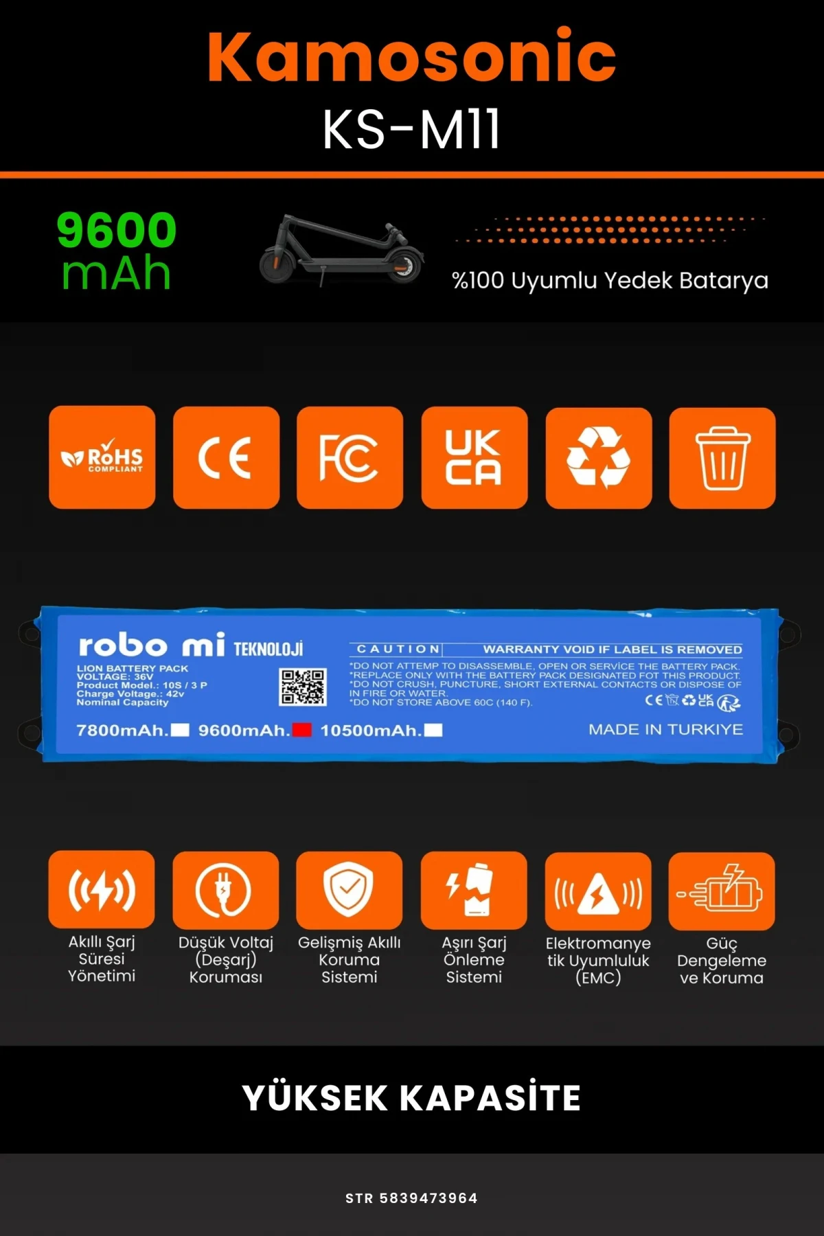 Kamosonic KS-M11 / 36V 9600mAh Elektrikli Scooter Bataryası - Gerçek Kapasite, Maksimum Güvenlik