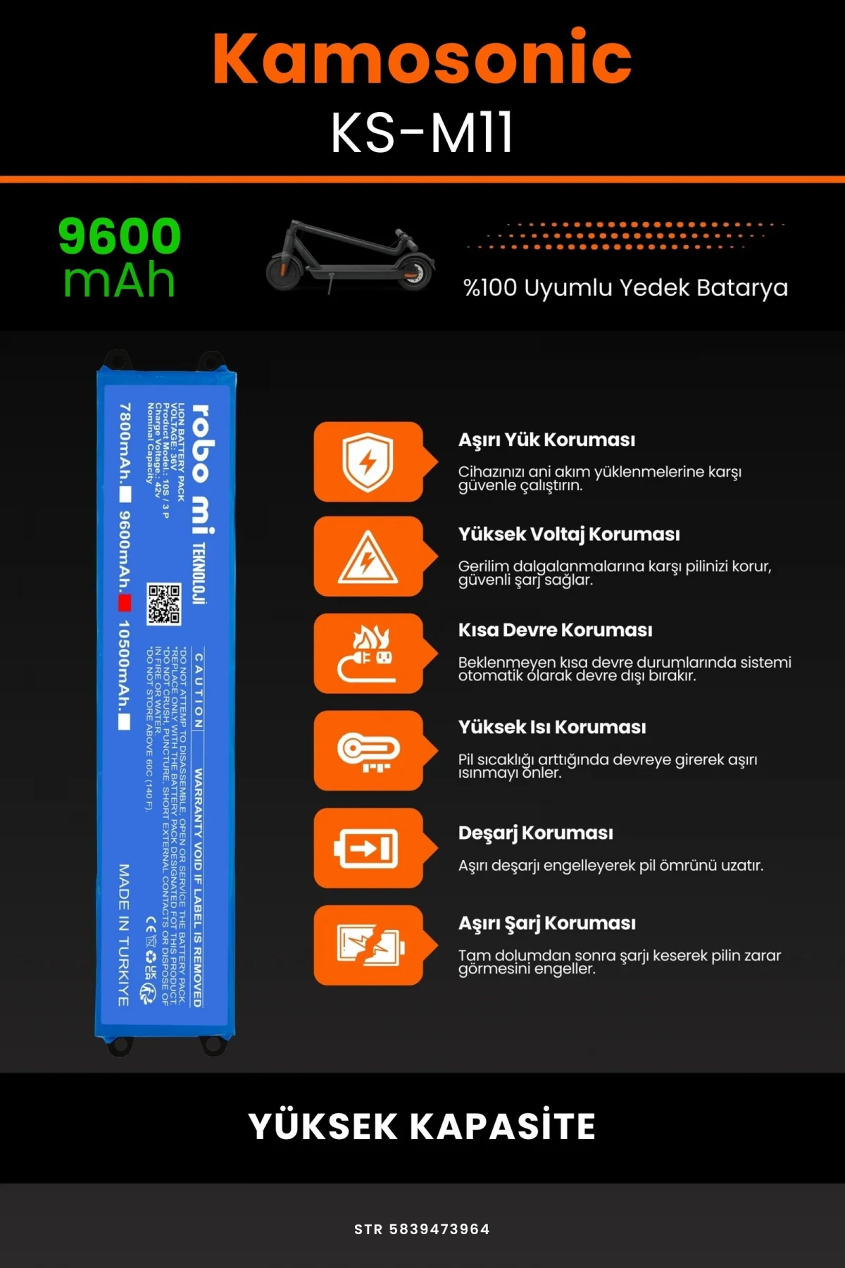 Kamosonic KS-M11 / 36V 9600mAh Elektrikli Scooter Bataryası - Gerçek Kapasite, Maksimum Güvenlik