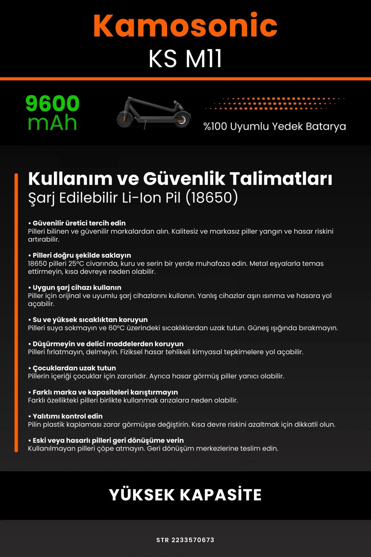 Kamosonic KS-M11 / 36V 9600mAh Elektrikli Scooter Bataryası - Gerçek Kapasite, Maksimum Güvenlik