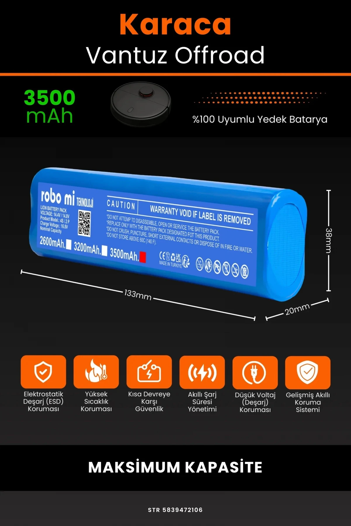 Karaca Vantuz Offroad 3500mAh Robot Süpürge Bataryası - Gerçek Kapasite, Maksimum Güvenlik
