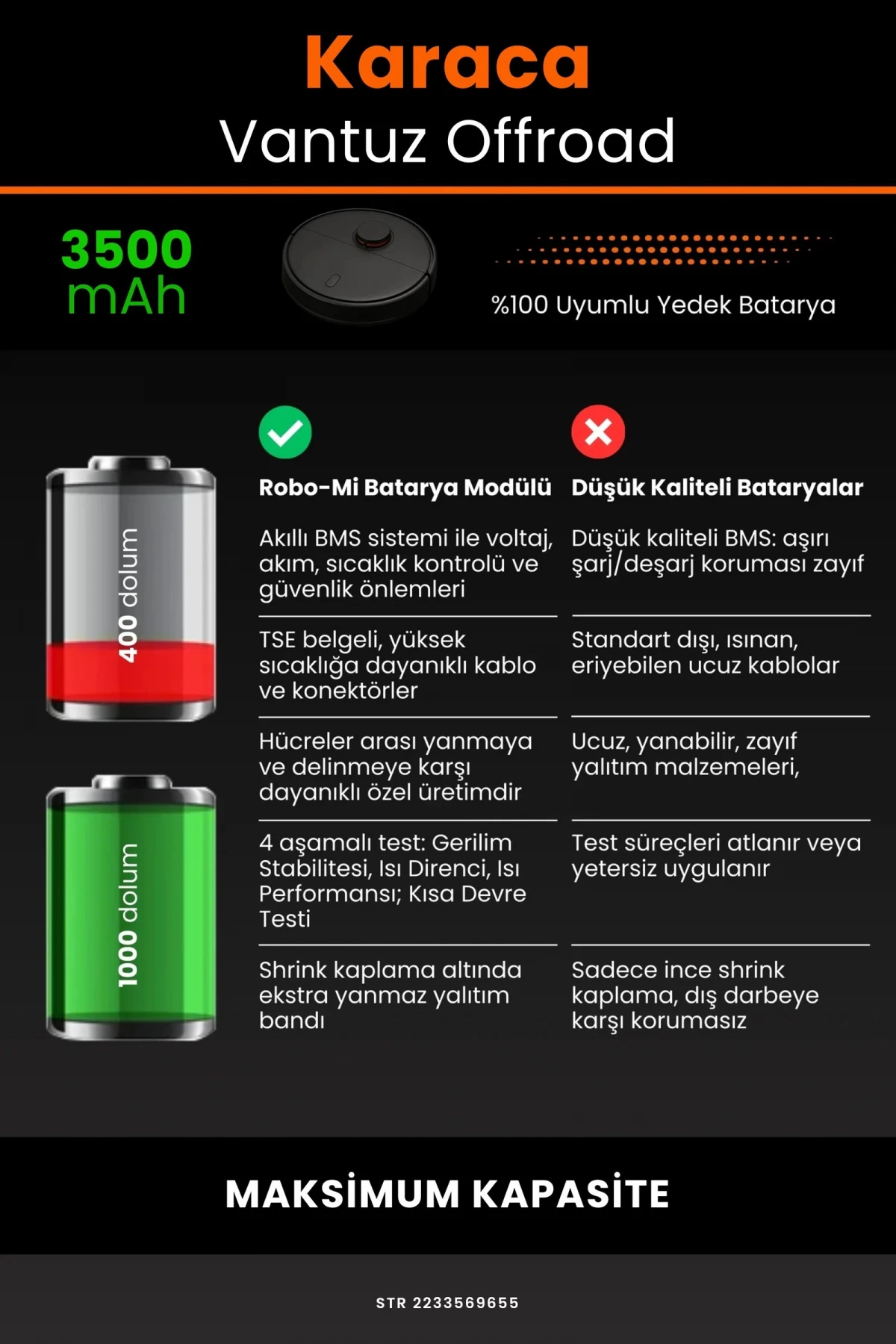 Karaca Vantuz Offroad 3500mAh Robot Süpürge Bataryası - Gerçek Kapasite, Maksimum Güvenlik